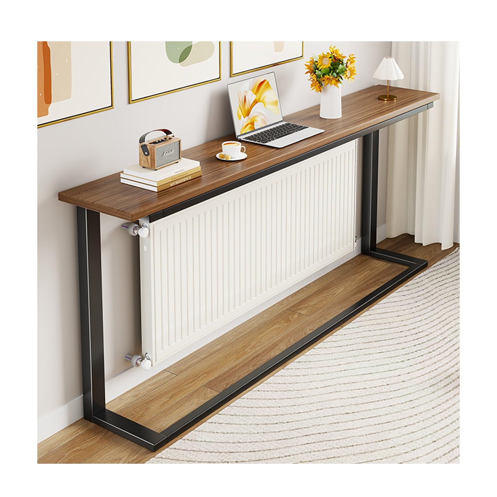 Copritermosifone Autoportante Piano Legno Telaio Metallo Consola Stretta(Brown-1,140x15x80cm)