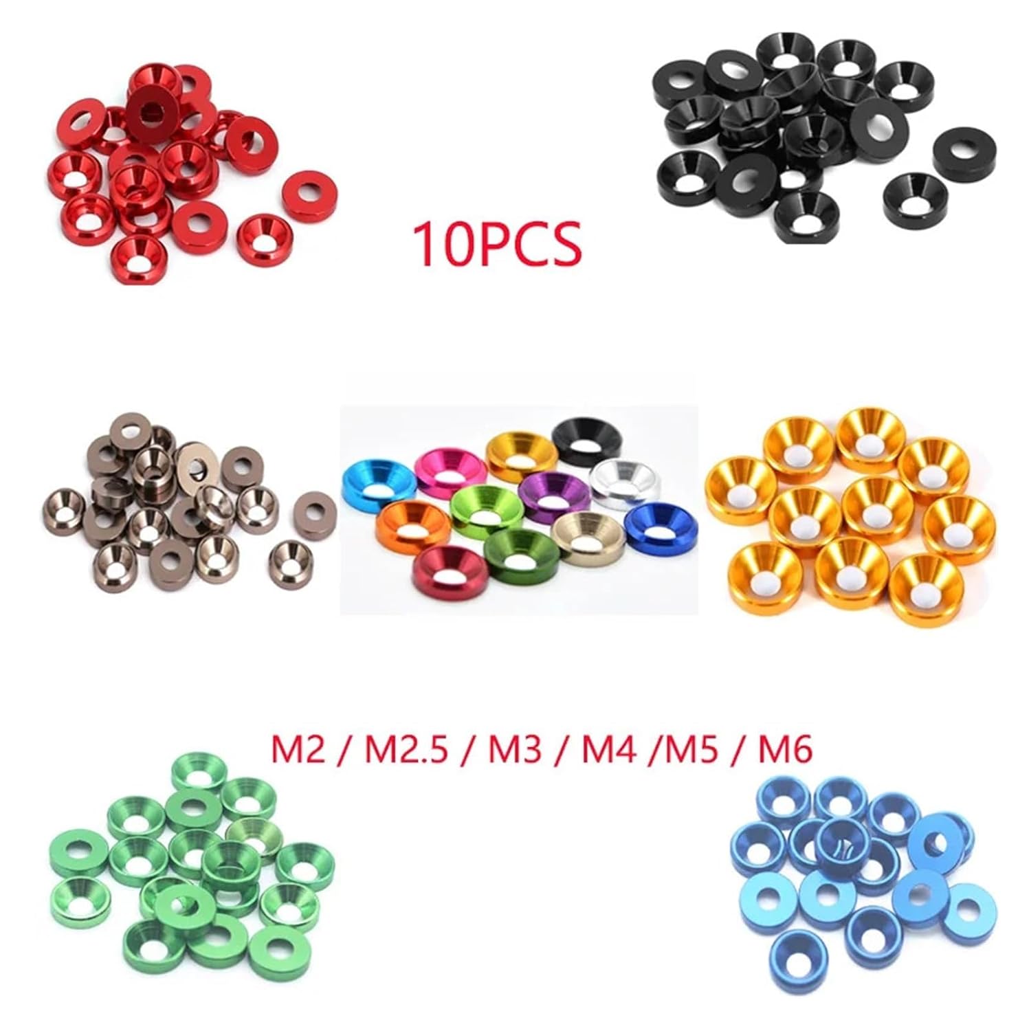 Cone Cup Countersunk Washers, Aluminum Alloy Anodized Countersunk Head Bolt Washers M2-M6 Multicolor 10pcs(Red,M6)