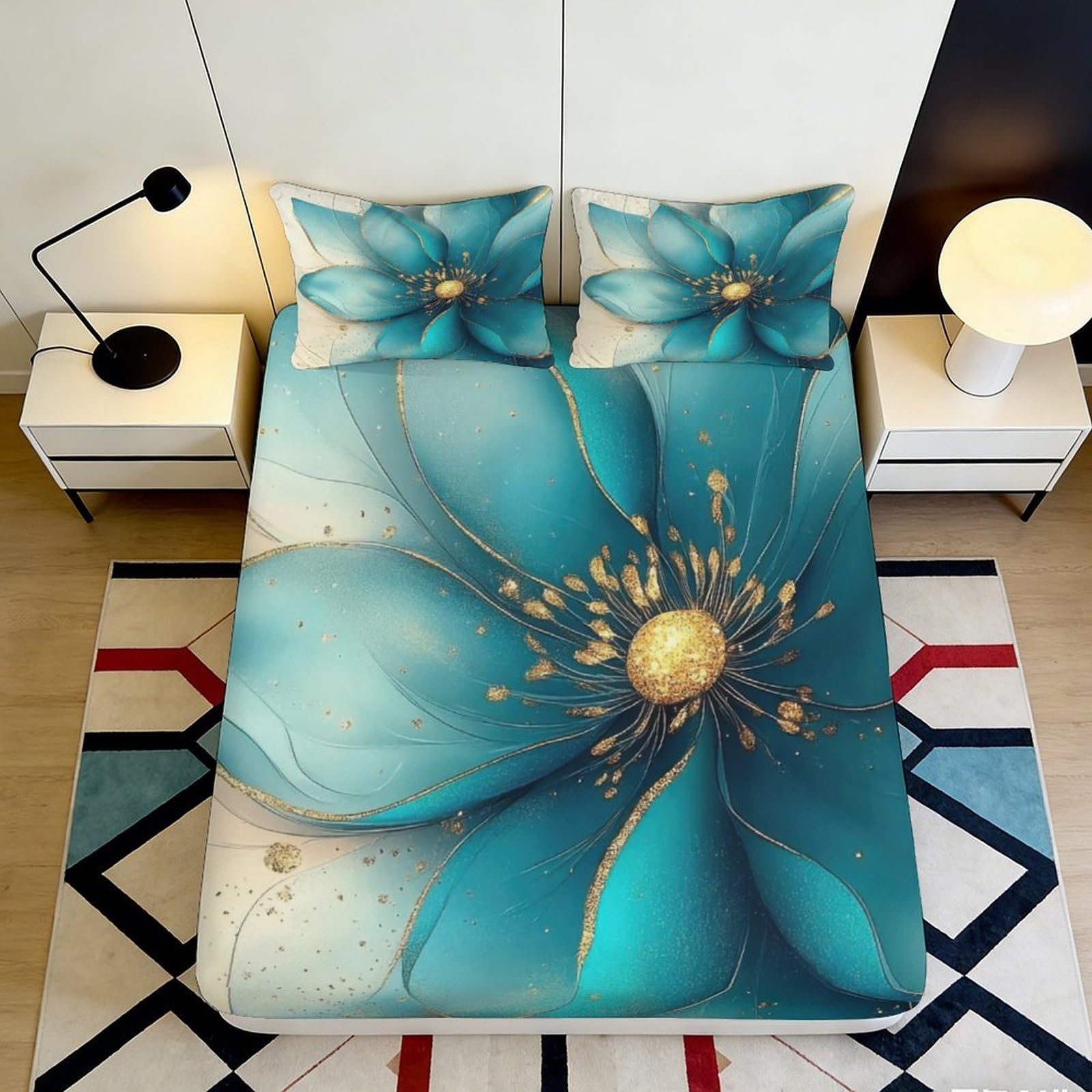 Kzqjxnhpcr Style-9 3D Printed Blue Floral Fitted Sheet Microfiber Deep Pocket Bedroom Bedding Flower Mattress Fitted Cover Non-Slip Washable For Adults Youth 90X200x25cm 90X200x25cm