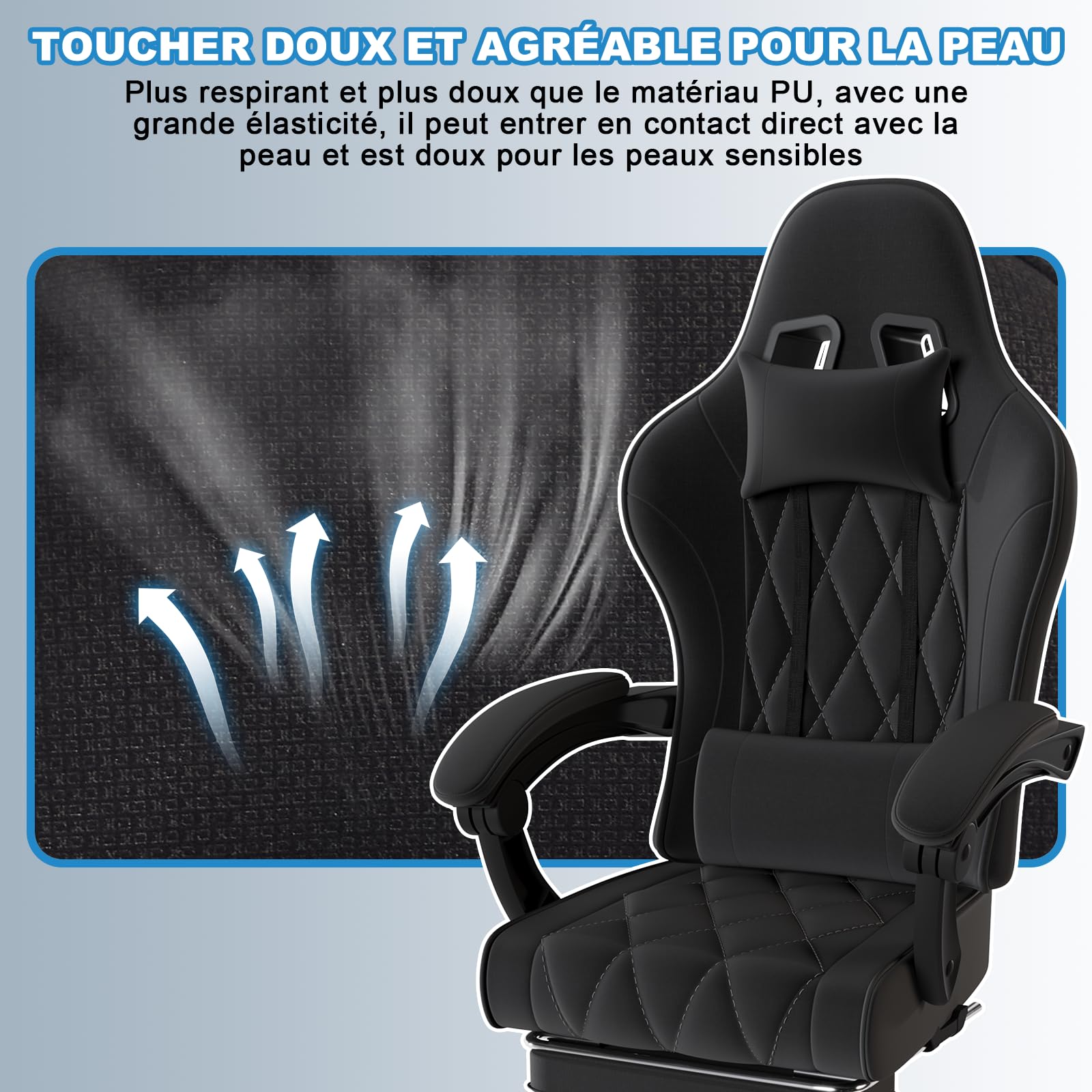 JUMMICO Chaise de Gaming en Tissu avec Repose-Pieds Extensible, Chaise de Bureau Ergonomique avec Massage, Hauteur réglable, Chaise Gamer avec Rembourrage à Ressorts, Capacité de Charge 150KG, Noire