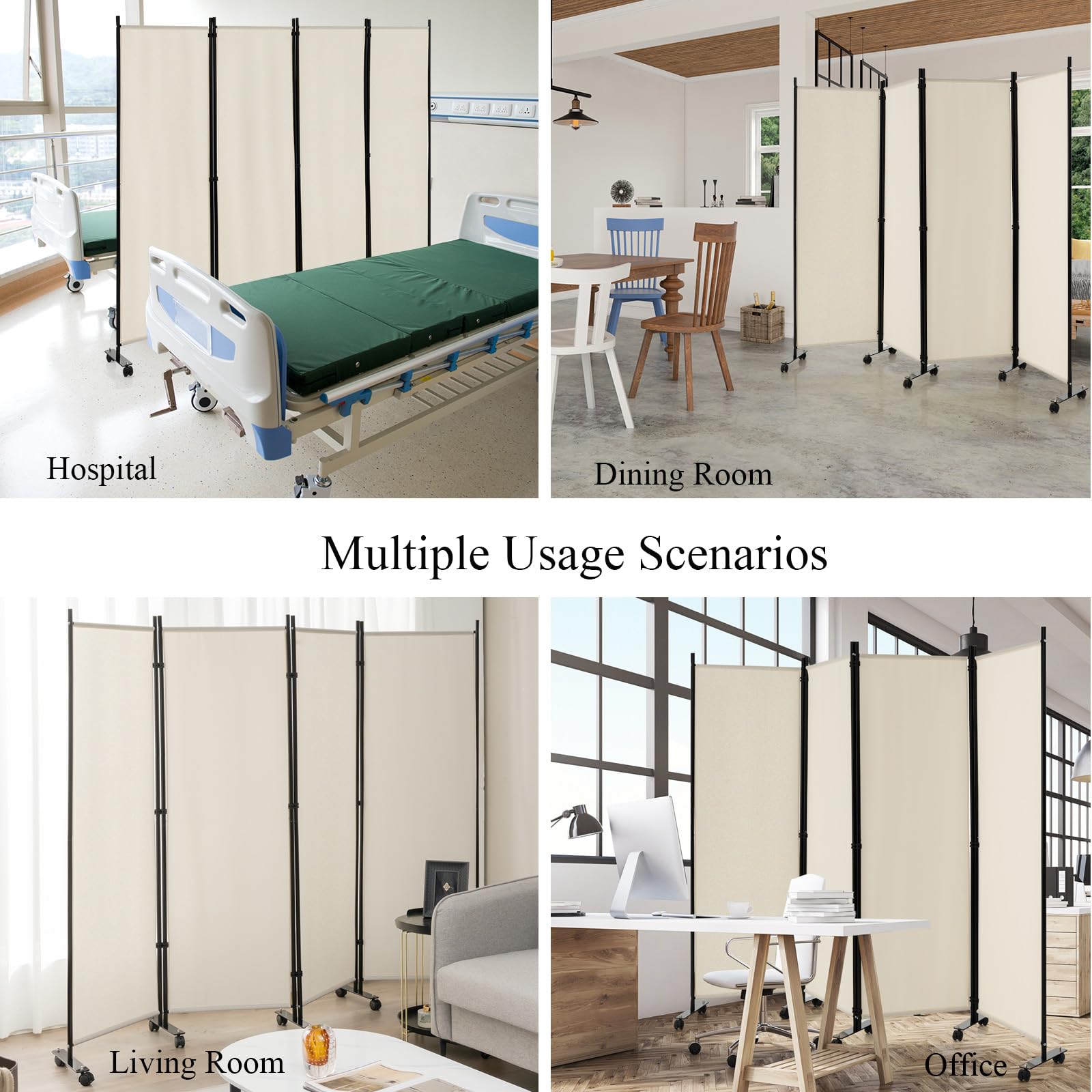 LIFEZEAL Divisorio a 4 Pannelli, Separè per Interno, Esterno, Paravento Mobile, Pieghevole, Parete Divisoria, Telaio in Metallo, con 10 Ruote, Protezione di Privacy, Separatore di Spazio (beige)
