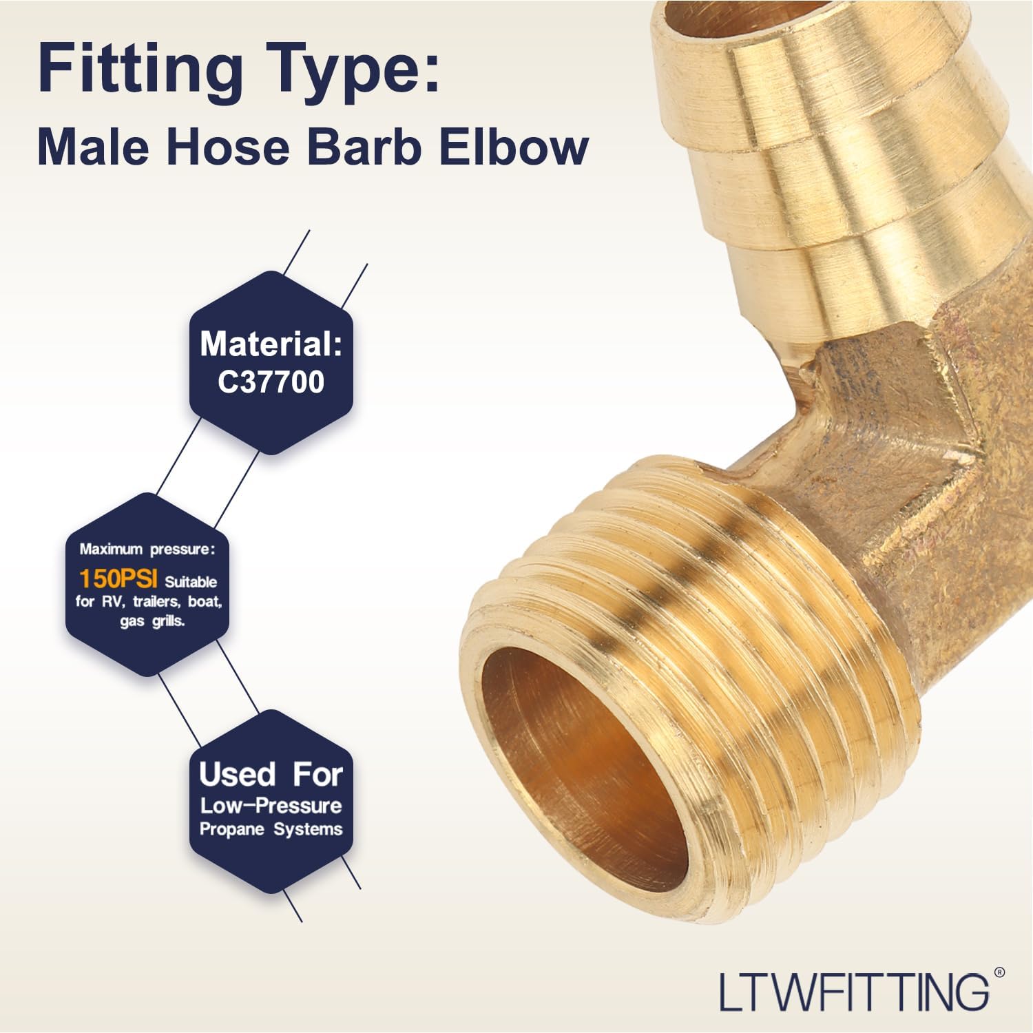 LTWFITTING 90 Degree Elbow Brass Barb Fitting 5/8 ID Hose x 1/2-Inch Male NPT Vehicle Fuel System Heater System (Pack of 100)