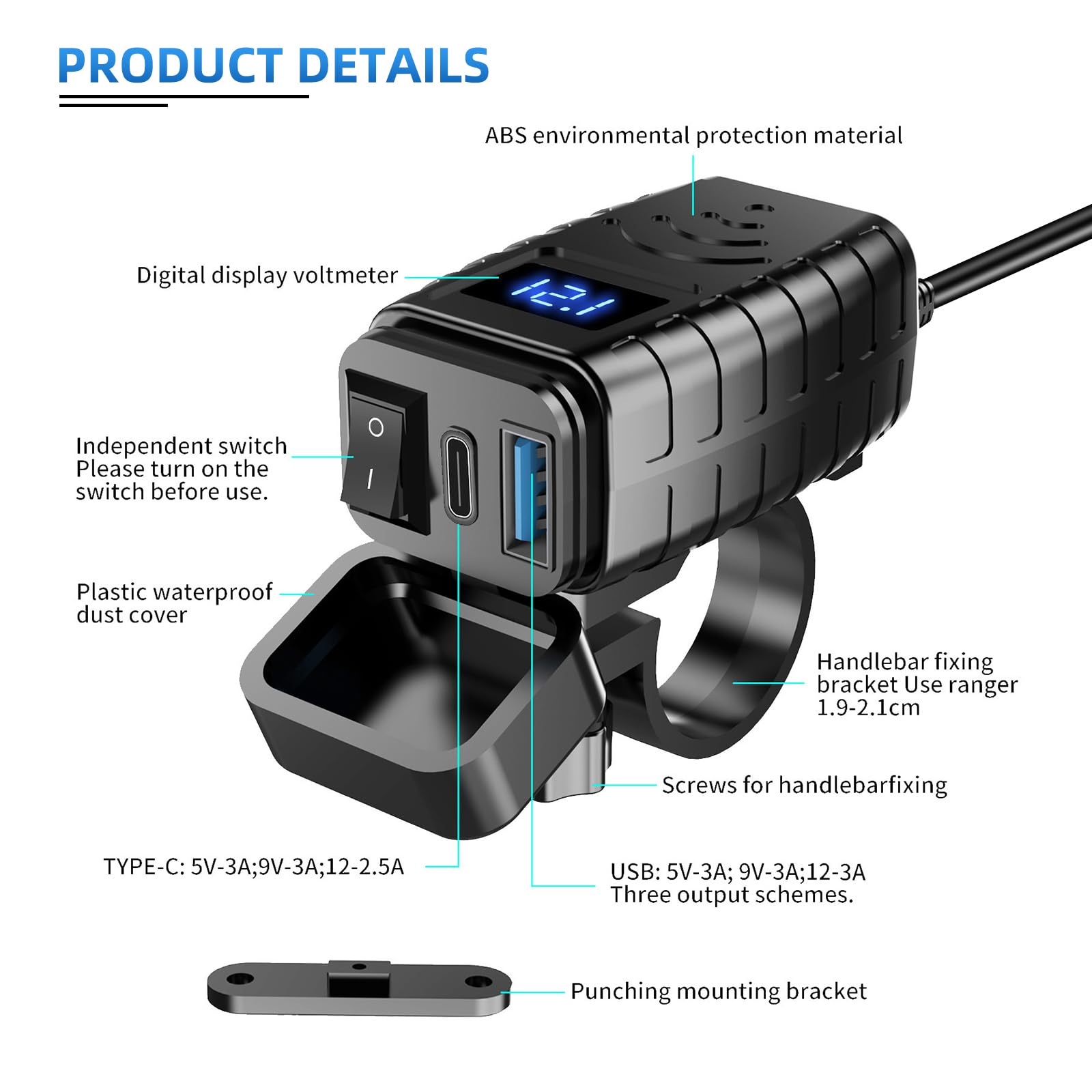 Cargador USB Moto Impermeable con PD y QC 3.0, Type C, Interruptor y Voltímetro LED para Motocicleta, Auto, Marine, Camper