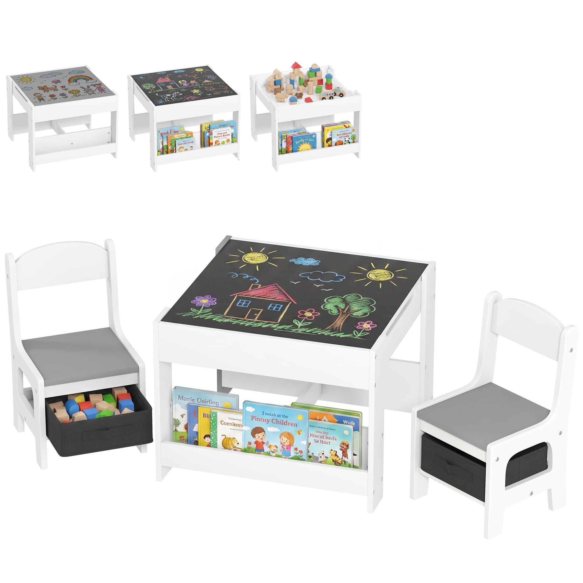 HOMCOM 3 Piece Kids Table and Chair Set, 3 in 1, Grey | Kids Desk and Chair Set, Blackboard, Storage, Bookshelves, for Nursery, Playroom, Classroom, Tables for Home Schooling