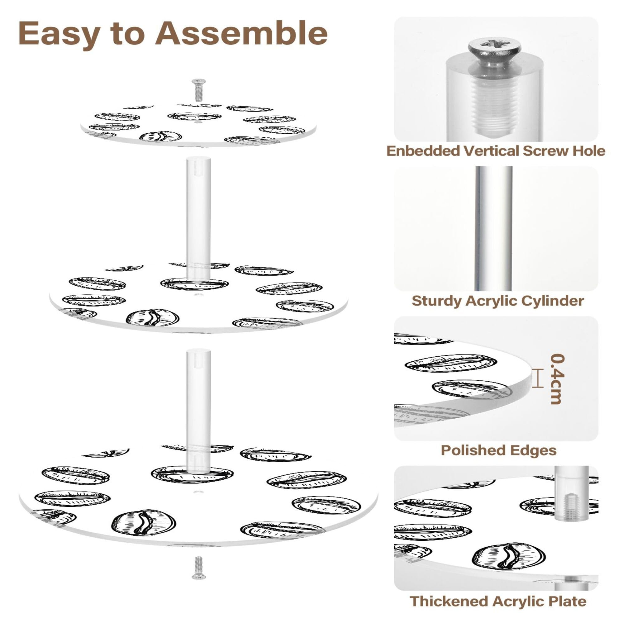 PYBUG Coffee Pattern 3 Tier Acrylic Cupcake Stands Tower,Dessert Table Display Set for Tea Party,Wedding,Birthday, Baby Shower