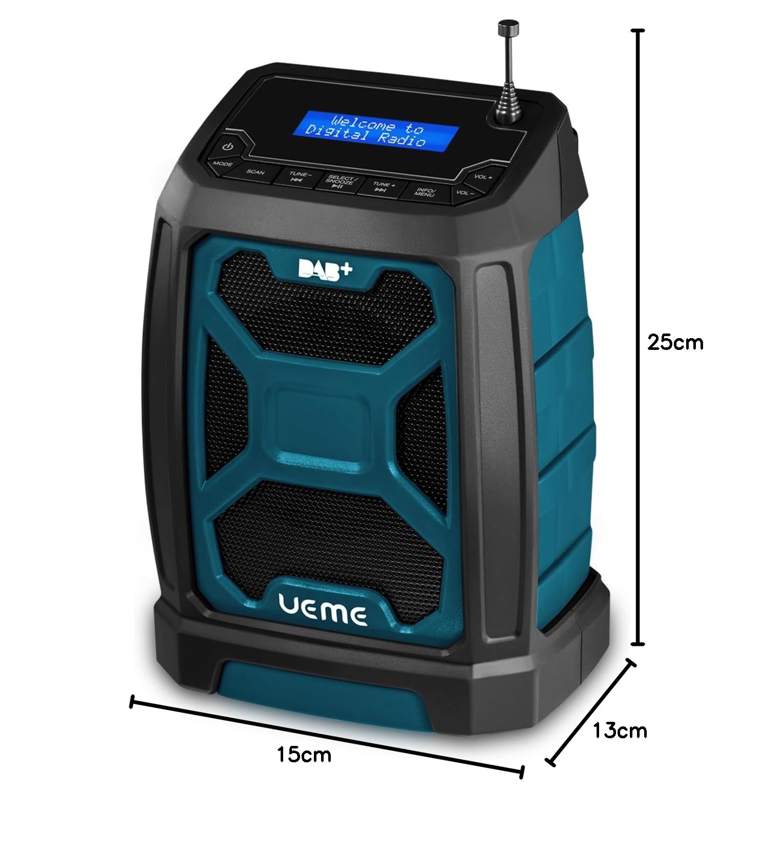 Baustellenradio DAB Mit Akku Aufladbar (6000mAh), DAB+, FM Radio, Bluetooth 5.0, Dual Radiowecker, Aux, Starkem Empfang, Robustes Gehäuse, Spritzwassergeschützt, Akku- und Netzbetrieb (Blau)