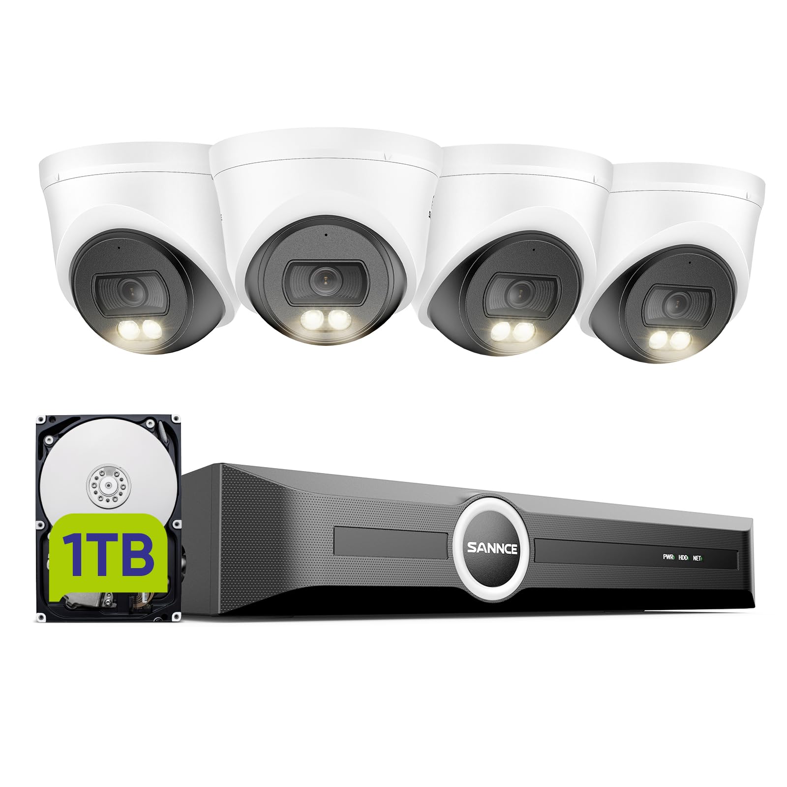 SANNCE Kit Telecamere Videosorveglianza Esterno PoE, 6 MP 8 CH NVR + 4 x 2 K Videocamera con 1TB HDD, Riconoscimento Intelligente Persone/Veicolo, Visione Notturna Colori 20m, Registrazione audio
