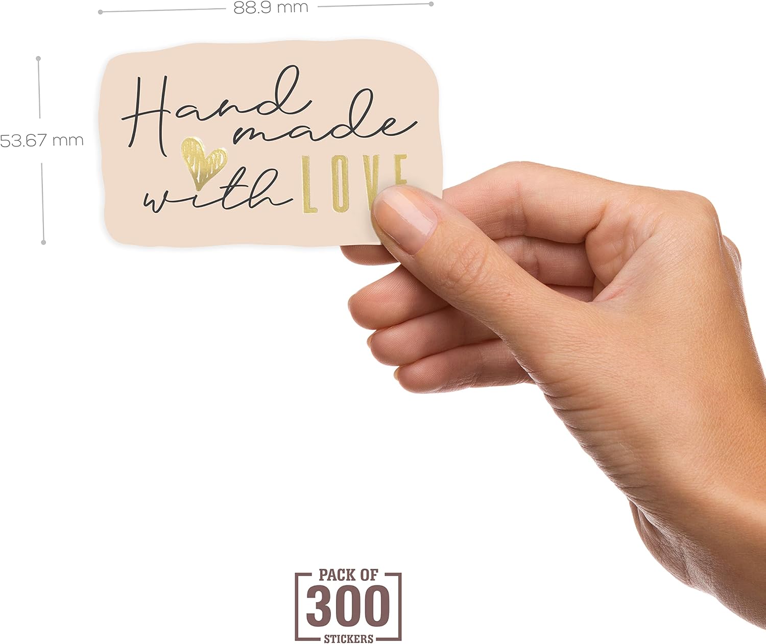 300 Handmade with Love Stickers in Sheets | 1.75" x 2.75" Special Cut Size | Typical Shape Design with Gold Foil and Light Peach Background | Highly Recommended for Small Business Owners (1 Pack)