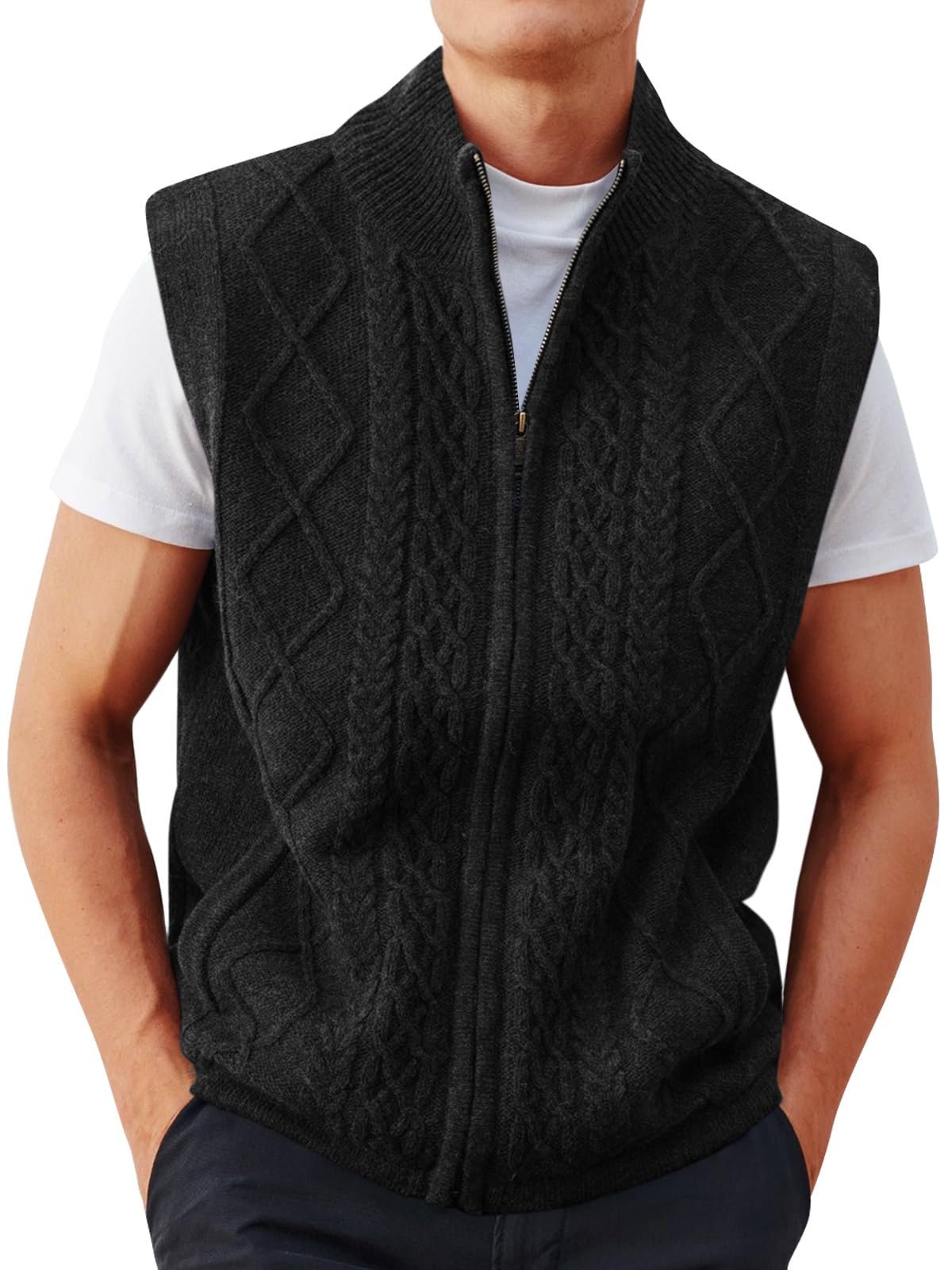 Mens Full Zip Sweater Vest Cable Knitted Cardigan Stand Collar Casual Sleeveless Sweaters-image-24