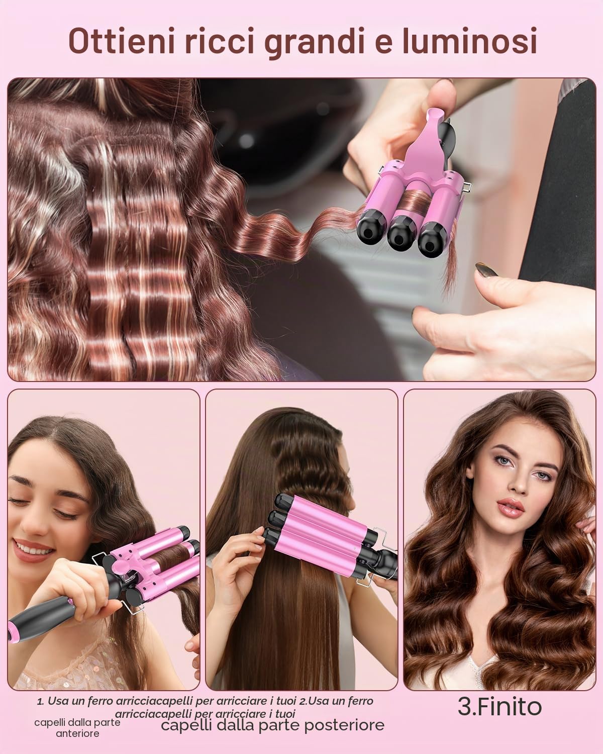 Ferro Arricciacapelli Grandi 3 Botti, Piastra Onde per Capellif-Piastra Capelli Onde, Bigodini da Spiaggia Waves, Ferro Capelli 2 Temps Livelli Onde Capelli Riscaldamento Rapido con Guanto, Rosa