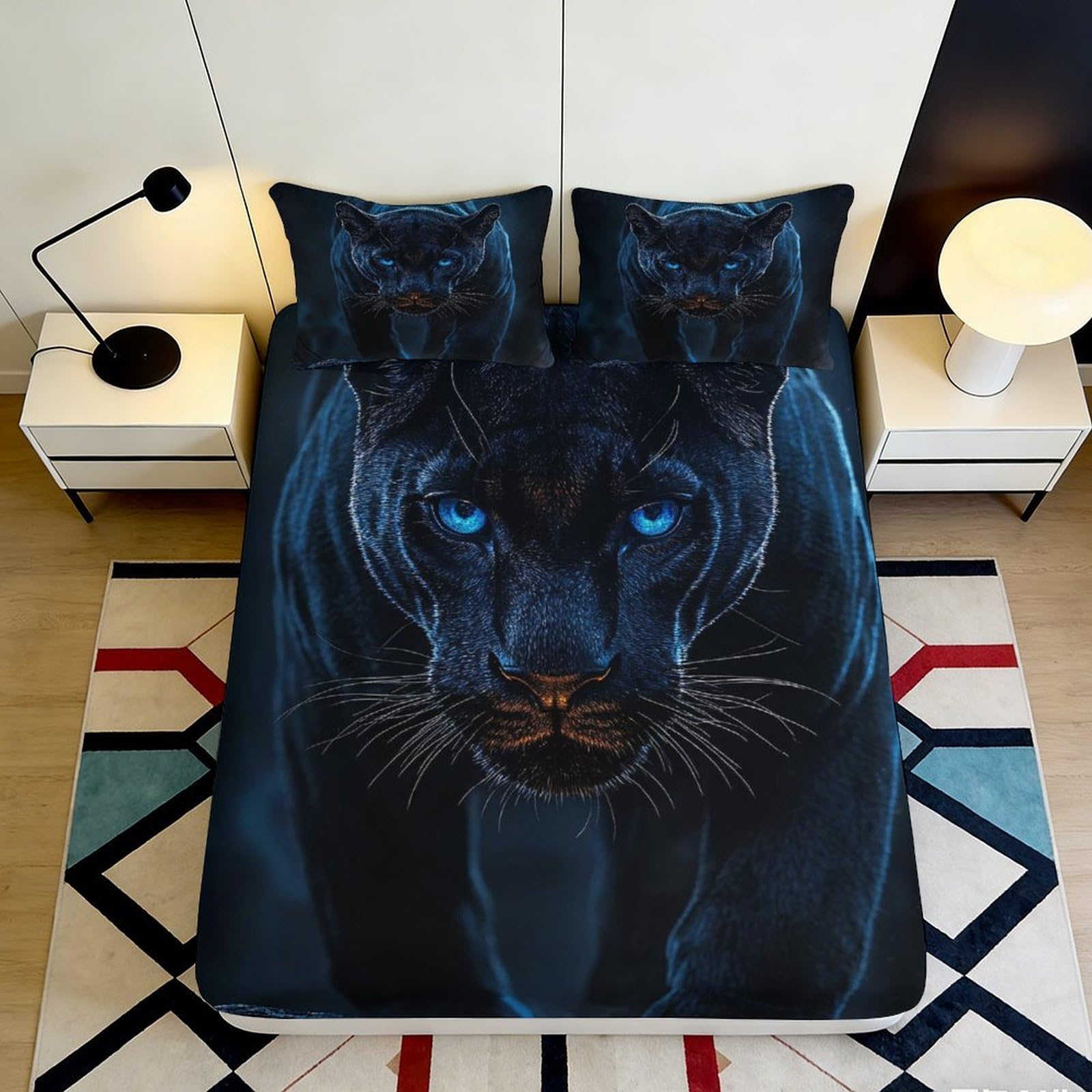 3D Printed Black Panther Fitted Sheet Microfiber Soft Breathable Blue Eyes Bed Cover for Bedroom Dorm Mattress Protection Decor 90x200x25cm