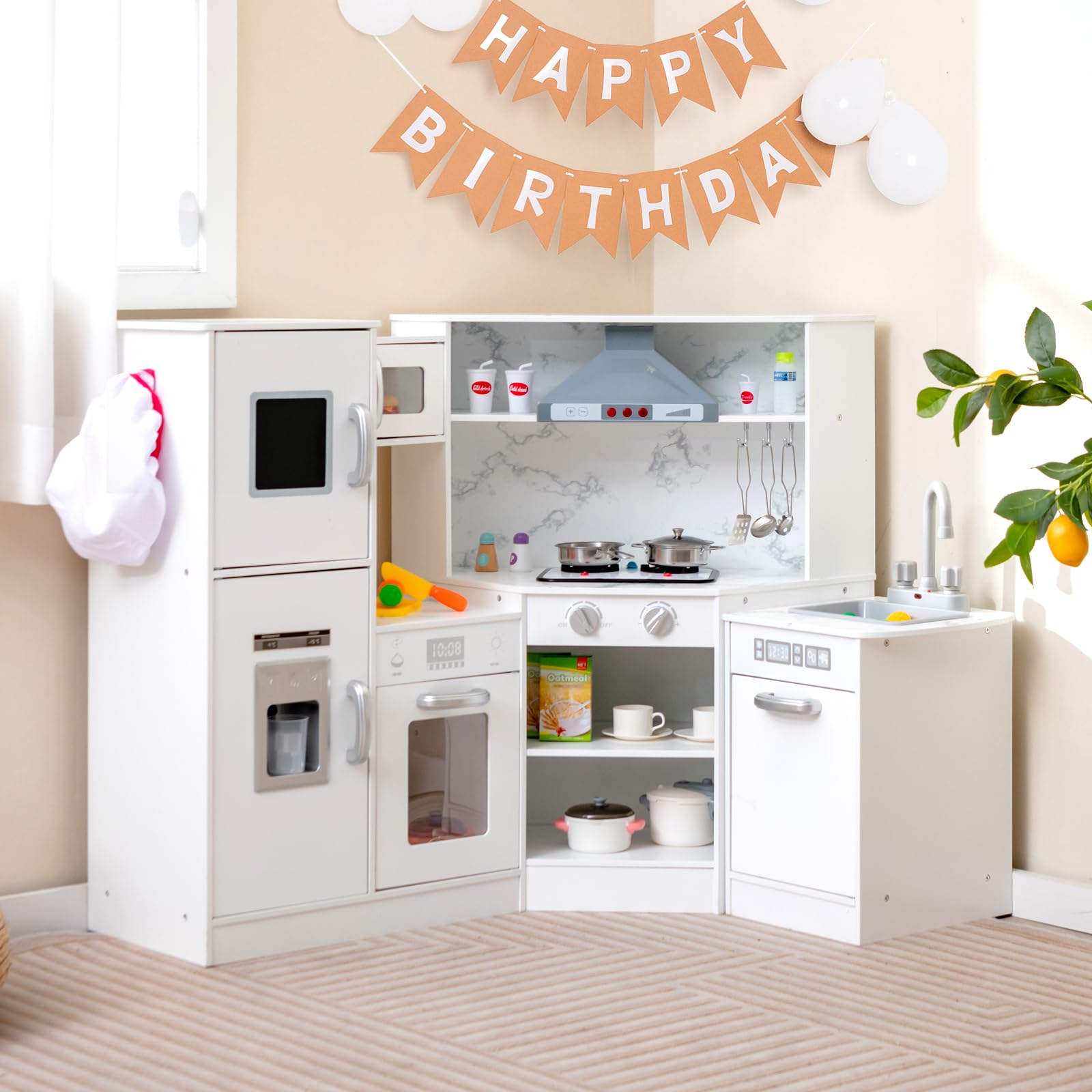 COSTWAY Kinderküche Holz, Spielküche Eck mit Licht und Sound, Holzküche mit Tafel & Spüle & Ofen, inkl. Zubehör, Spielzeugküche für Kinder ab 3 Jahren (Weiß)
