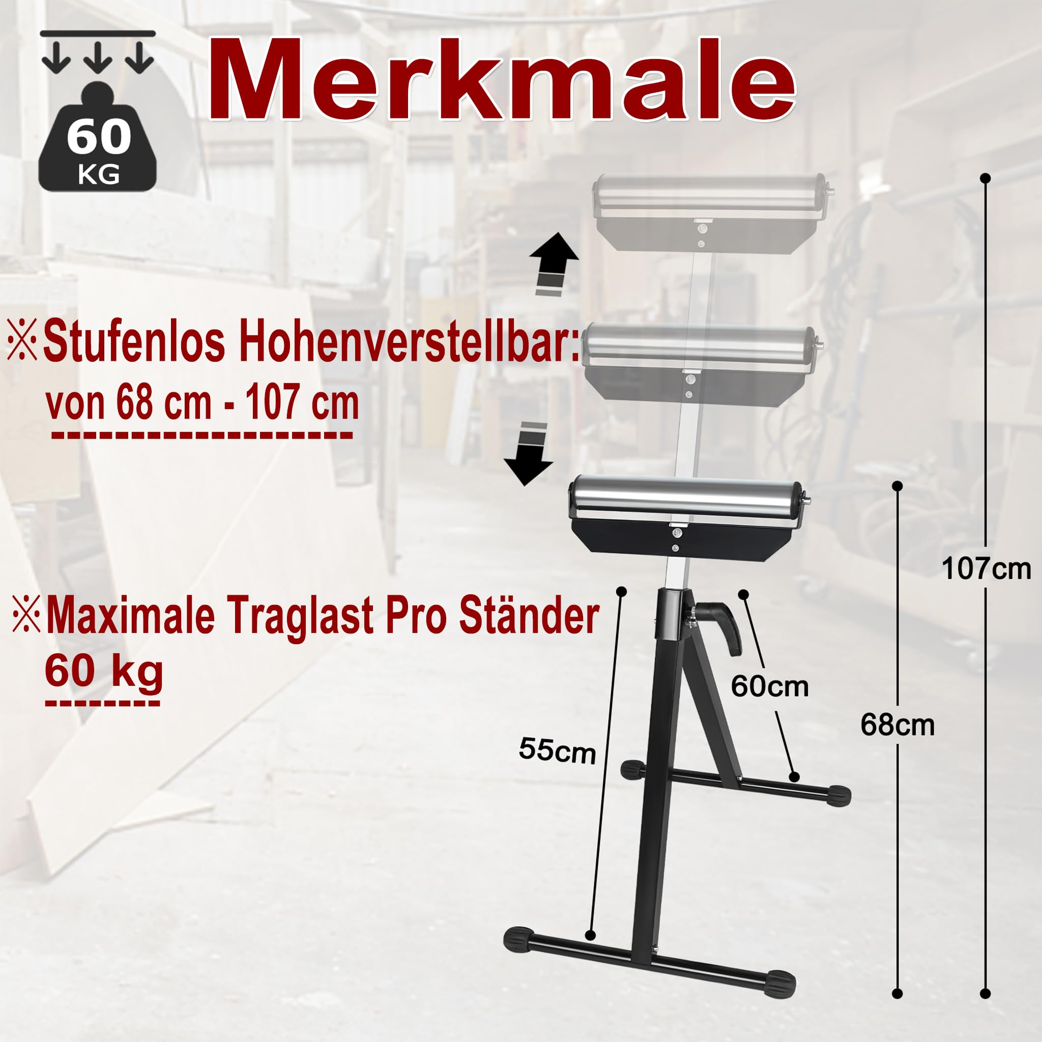 YRHome Lot de 2 tréteaux à roulettes - Hauteur réglable de 68 à 107 cm - Support à roulettes - Tréteau de travail en acier - Avec pieds antidérapants - Charge maximale : 60 kg