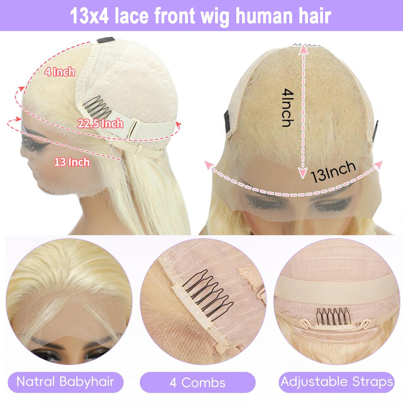613 Blonde 13X4 Wig Straight Glueless Wig 100% Brazilian Virgin Hair Pre-Plucked Hairline with Baby Hair 180% Density Adjustable Straps & Combs 24 Inch - Image 2