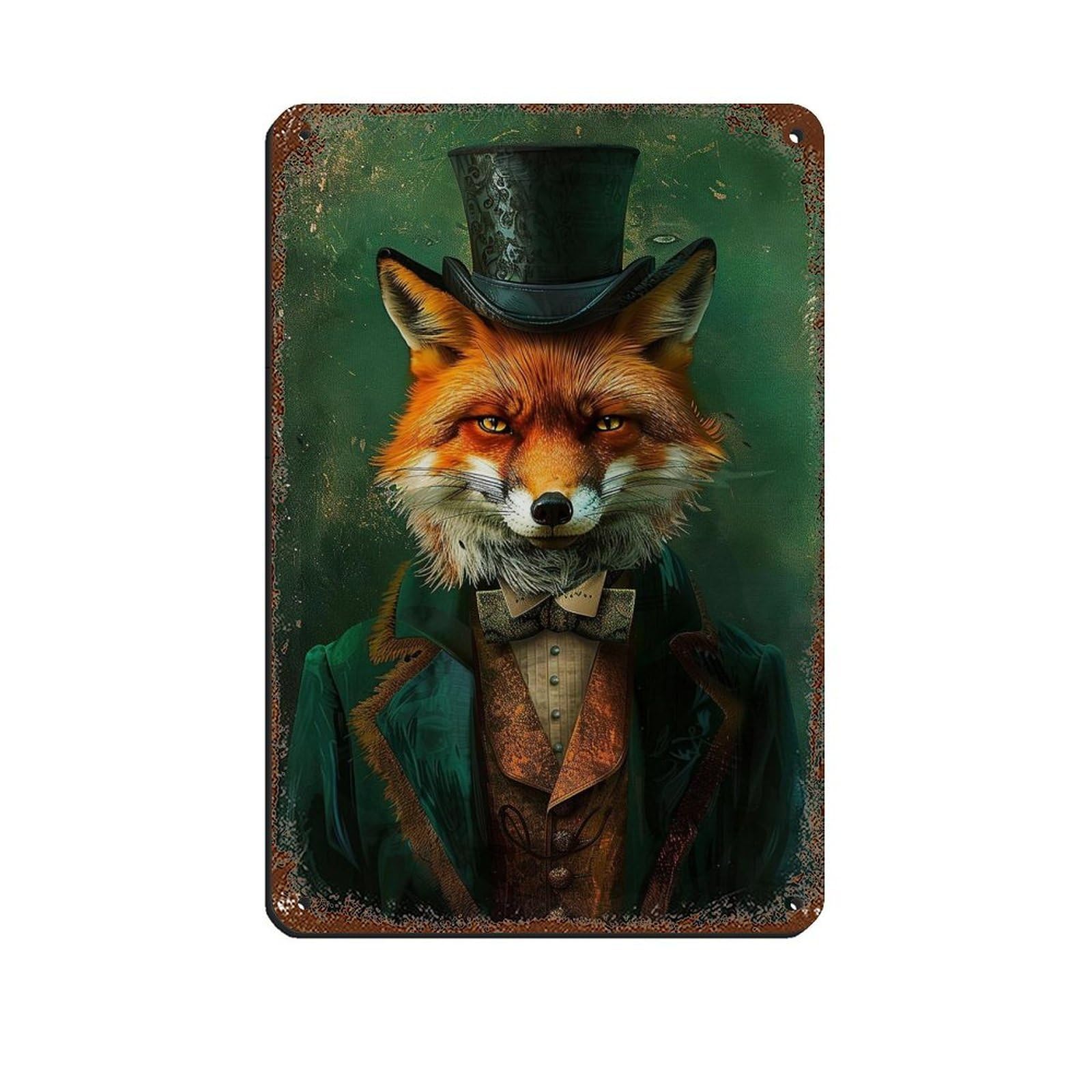 Cottage Renaissance Gentleman Fox Painting Poster Retro Poster Metal Tin Sign Chic Art Retro Iron Painting Bar People Cave Cafe Family Garage Poster Wall Decoration 8x12inch(20x30cm)
