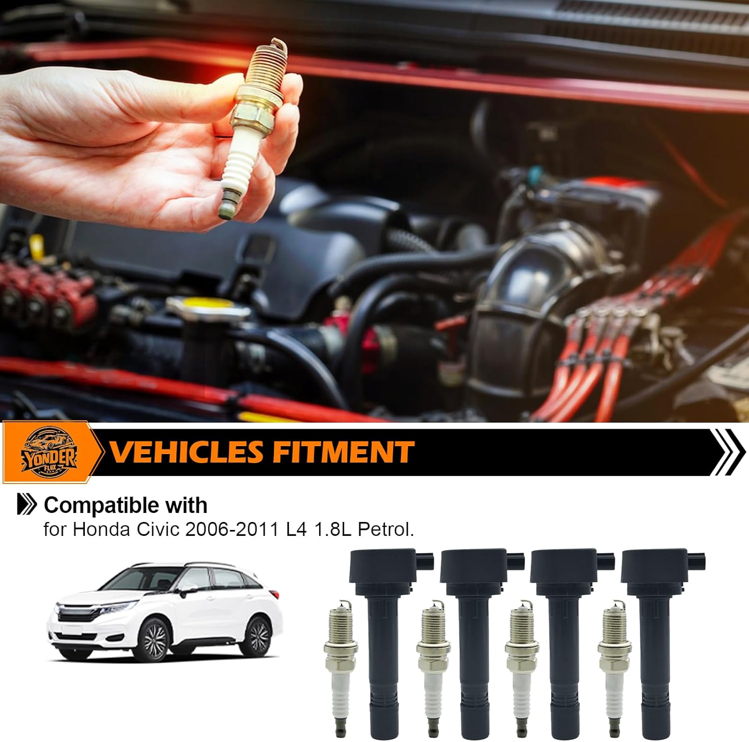 Set of 4 Ignition Coil Pack UF582 and Iridium Spark Plugs Compatible with Honda Civic 2006-2011 L4 1.8L, Relpaces OE GN10324 5C1637 5266