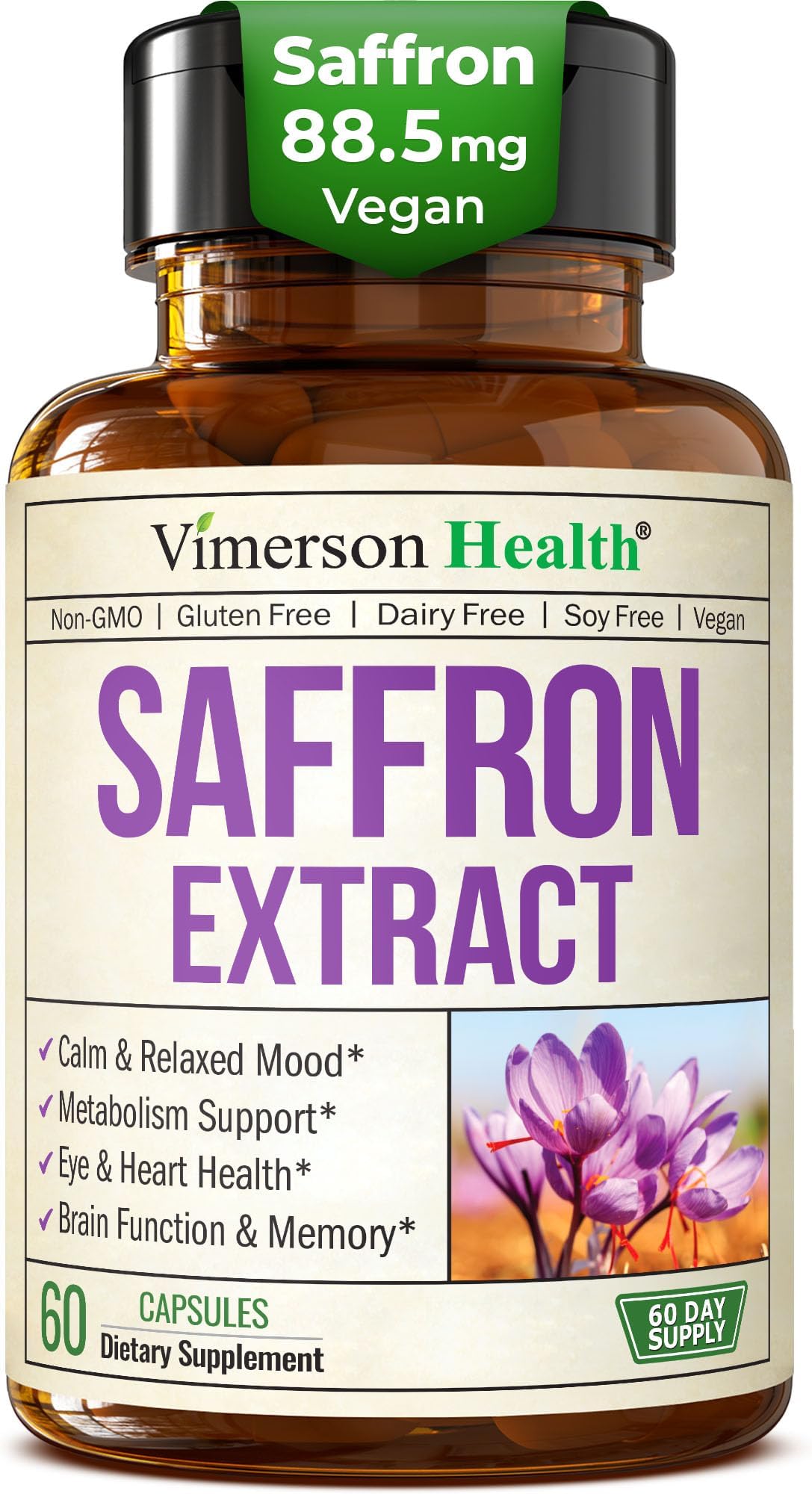 Pure Saffron Supplements for Women & Men w/ 88.5mg Saffron Extract – Mood Support Supplement Plus Eye Health – Azafran Safron Spice Alternative to Gummies or Powder – 60 Vegan Count – 2 Month Supply