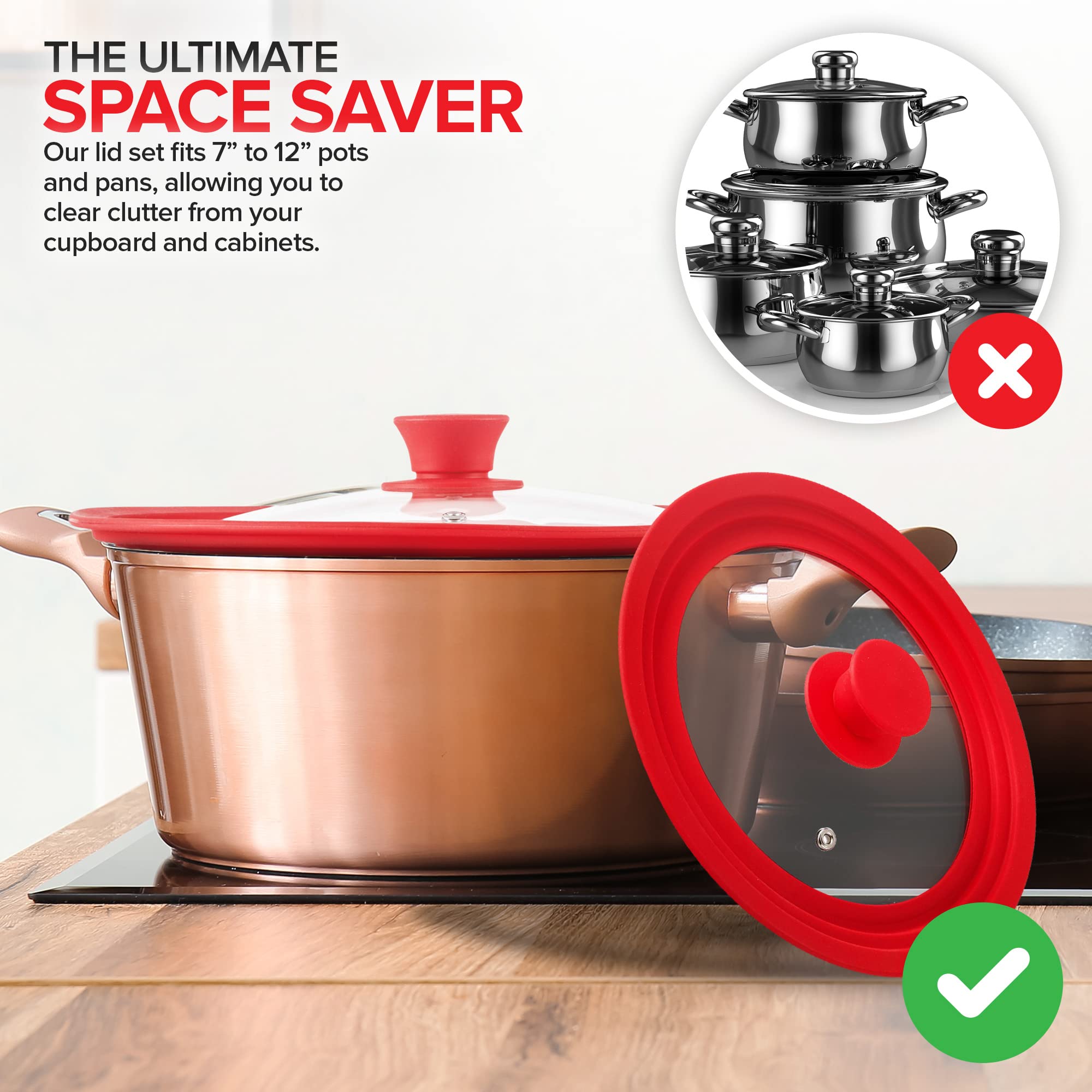 Modern Innovations Tapas universales (juego de 2) para utensilios de cocina de 7 a 12 pulgadas, tapa de silicona de repuesto, cubiertas superiores de vidrio para sartenes, ollas, sartenes, hierro