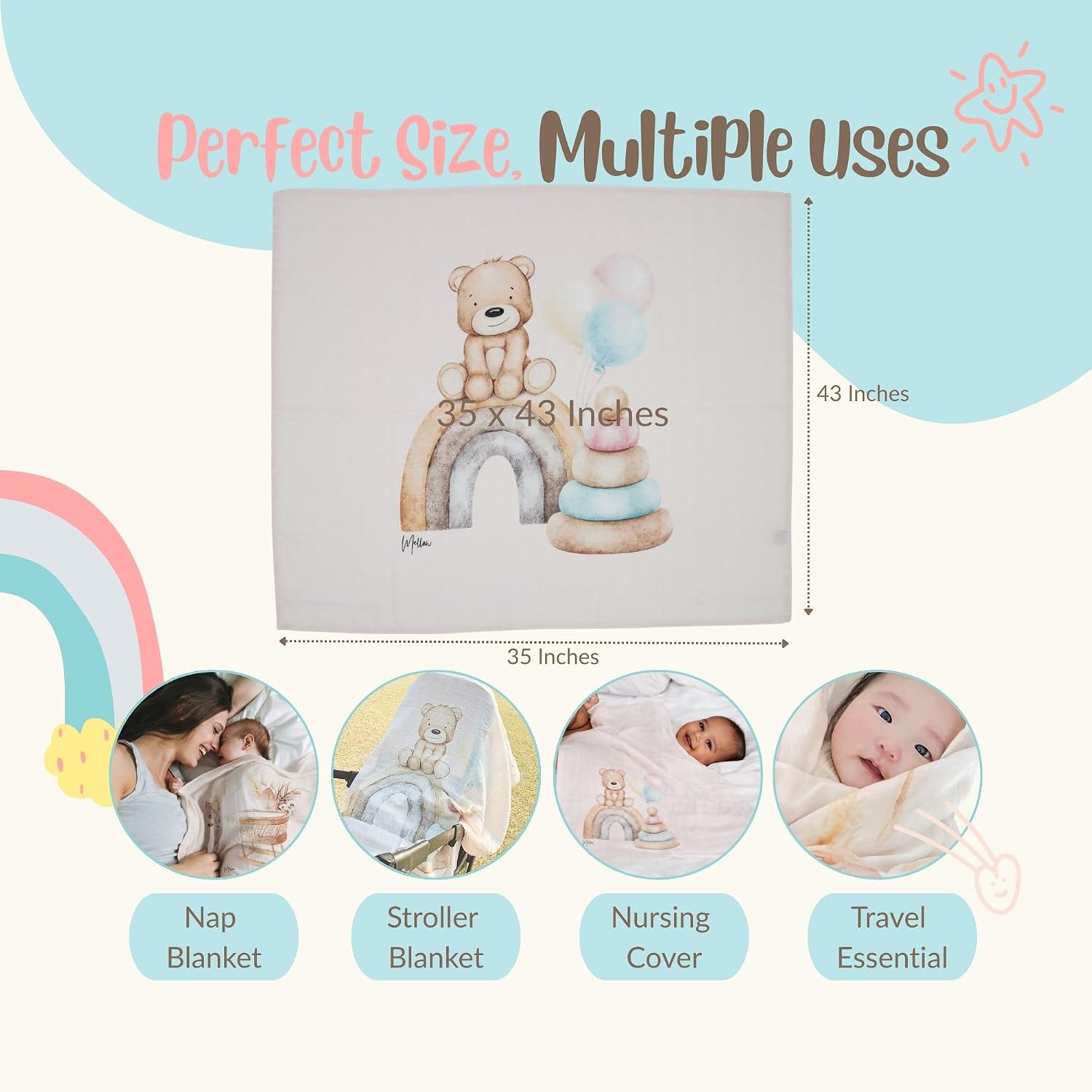 Wonders 100% Cotton Double Gauze Baby Blanket – Lightweight & Breathable All-Season Baby Blanket, Soft Muslin Feel, Made in Korea, 35 x 43 Inches (Bear)
