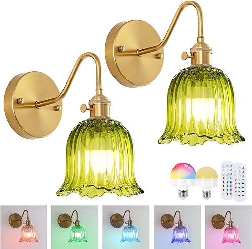 Juego de dos apliques de pared vintage con pilas, luz LED RGB regulable con control remoto, pantalla de cristal verde con 15 colores para