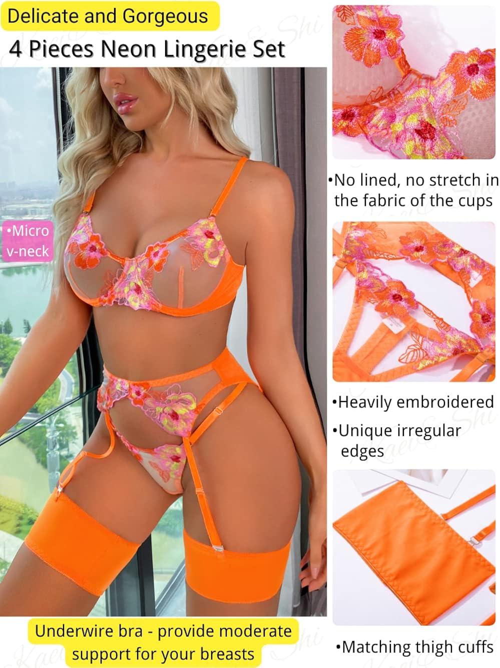 Kaei&Shi Floral Embroidered, Underwire, G-String, Garter Belt, 4 Pieces Lingerie
