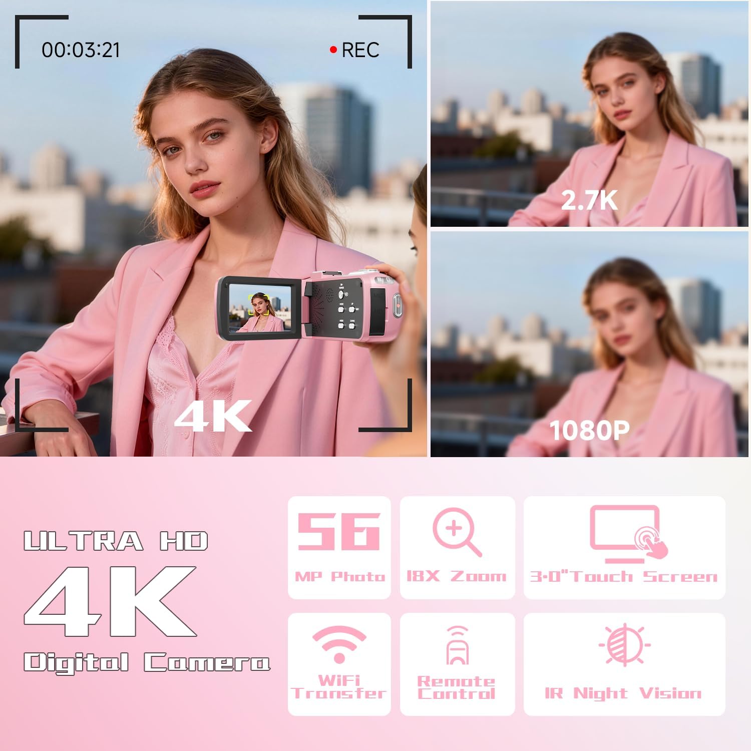 Video Camera, 4K Camcorder 56MP Digital Video Recorder 18X Zoom 3" 270° Rotation Touchscreen IR Night Vision, Wifi Vlogging Camera for YouTube 64GB Card Anti-Shake Remote Control Camera Bag Lens Cap - Image 2