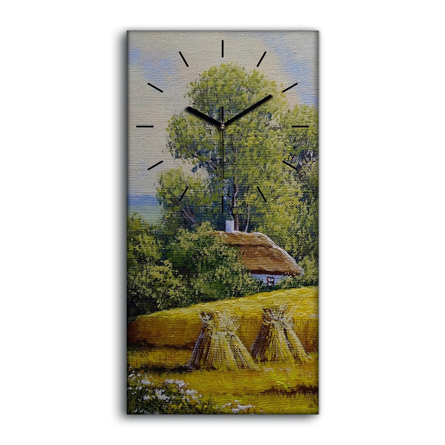 Horloge sur toile 30x60cm avec moulin à la campagne et aiguilles noires