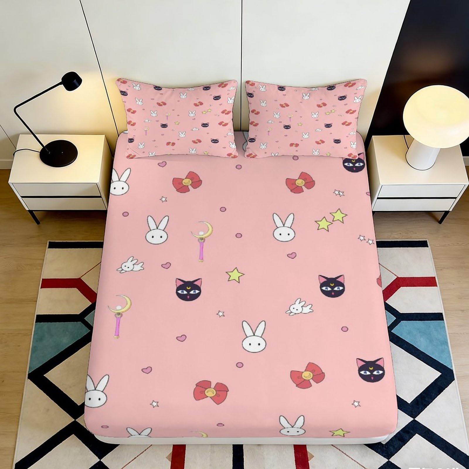 3D Printed Cartoon Fitted Sheet Microfiber Deep Pocket Elastic Hem Bedroom Mattress Fitted Cover Washable for Adults 90x200x25cm