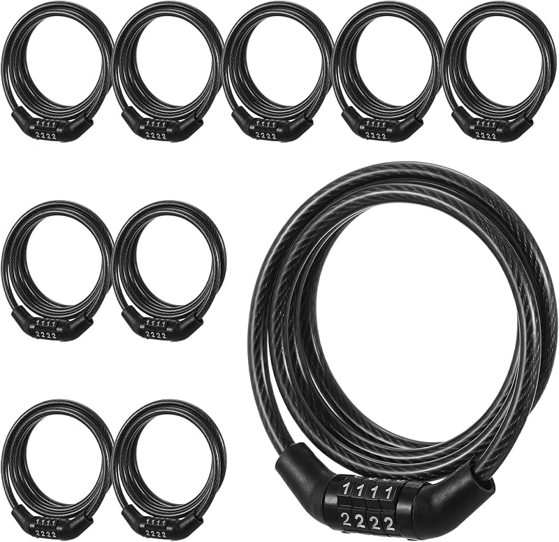 10 Pcs Bike Locks with Combination, 3.28 Ft Bike Lock Cable Heavy Duty PVC Coated Steel Wire, 4 Digit Locks Anti Theft Bikes Lock for Bicycle Scooter Gate Toolbox Black 0.24 Inch Diameter