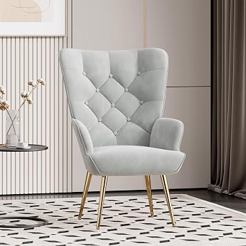 Armchair Tub Chair,with Footstool,High back with gold legs Comfy,Velvet Chair, for Bedrooms, Living rooms,Relaxation,150kg Load Capacity Gray