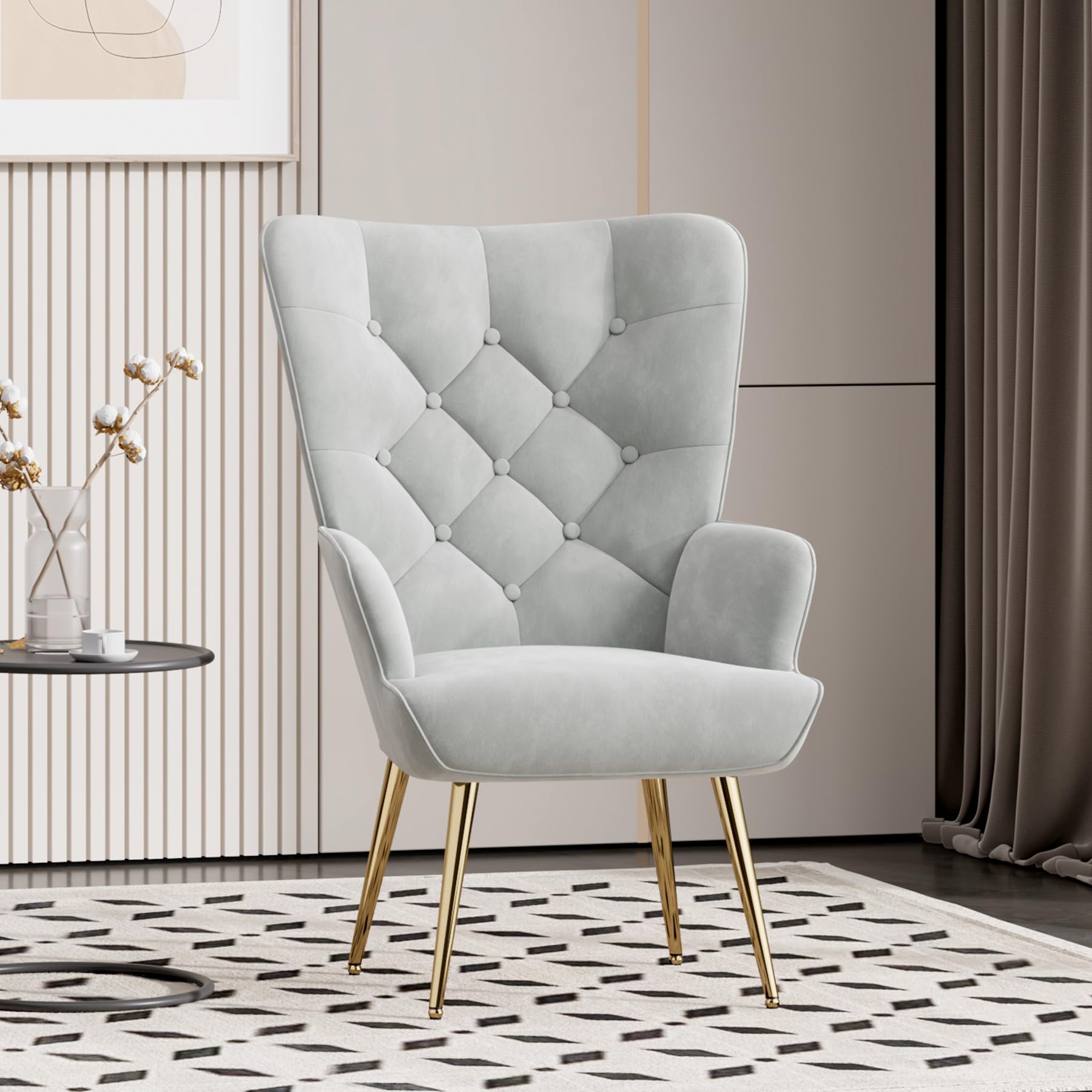 Aivermeil Armchair Tub Chair,with Footstool,High back with gold legs Comfy,Velvet Chair, for Bedrooms, Living rooms,Relaxation,150kg Load Capacity Gray