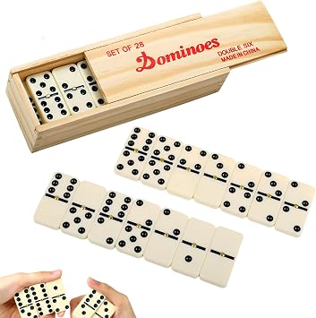D6 Dominoes Set for Adults, 28 Pieces Domino Set with Wooden Box, Classic Retro Domino Game|Mexican Train|Traditional Games|Retro Gift, Ideal Present for Your Family, Travel, Since 1795