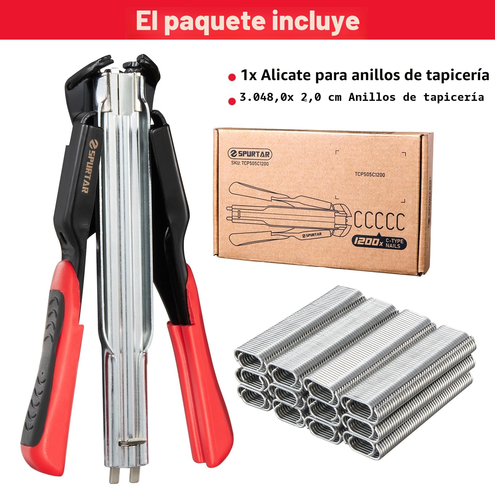 Spurtar Kit de alicates de anillo de cerdo con 1200 anillos de alimentación automática de 20MM pulgadas con resorte para alambre de pollo, valla y jaula de animales, red de aves de corral