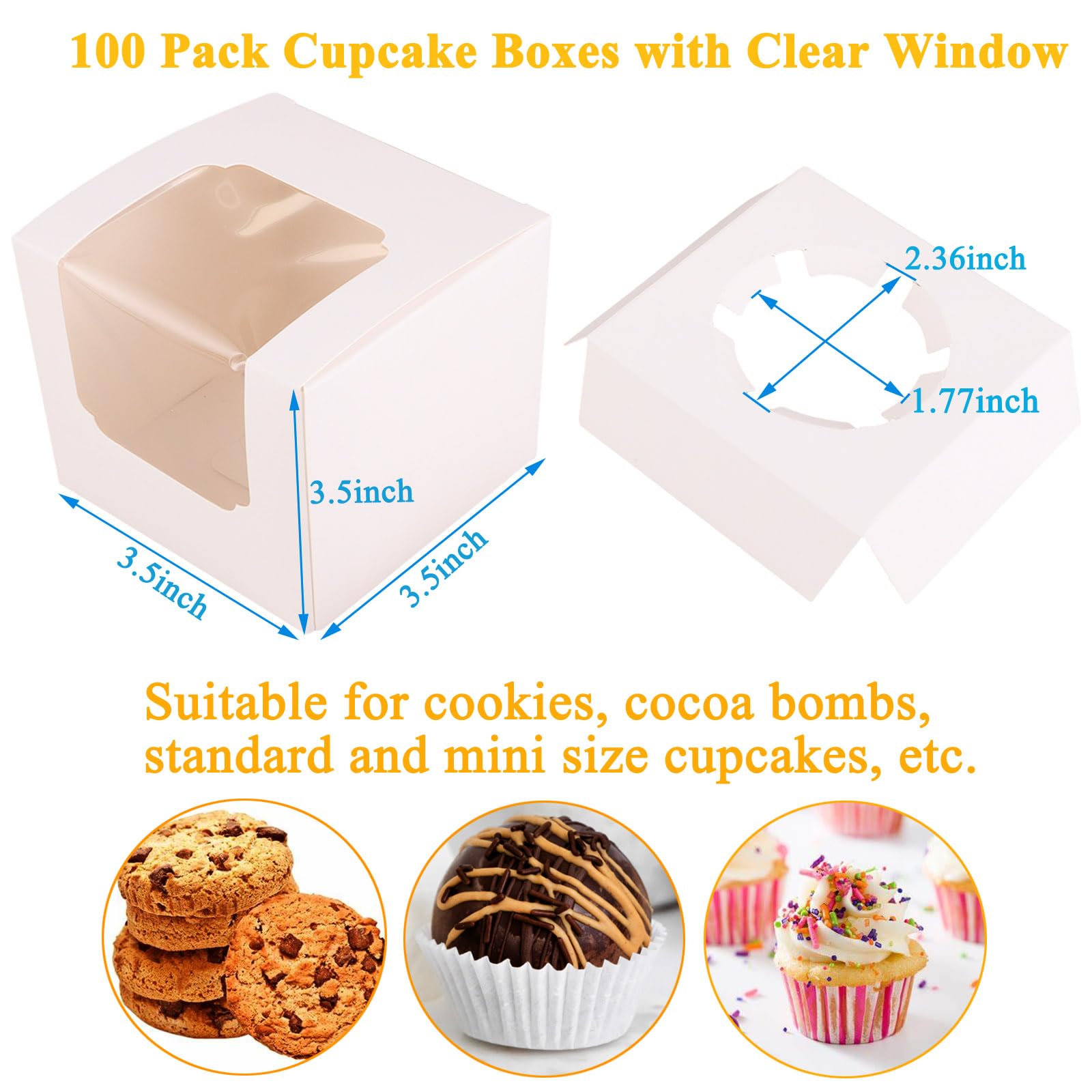 Acrux7 100 scatole singole per cupcake da 8,9 cm, in carta kraft bianca, con coperchio e inserti per muffin, bomba al cacao, festa della mamma, matrimoni, compleanni