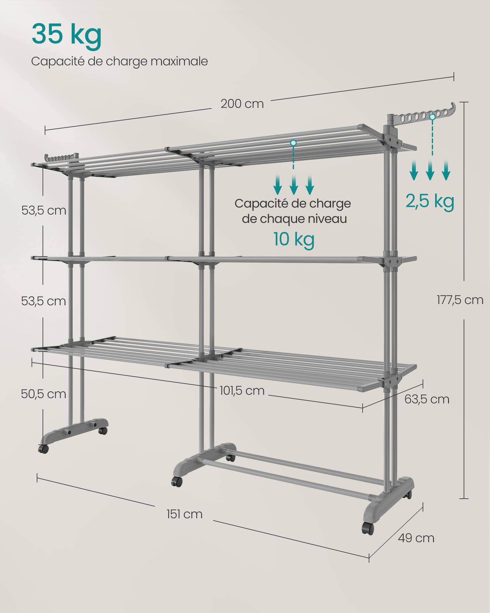 SONGMICS Étendoir à Linge, Séchoir Mobile à 4 Niveaux, avec roulettes, Pliable, 63,5 x (131-200) x 177,5 cm, Grande Capacité, Utilisation Intérieure et Extérieure, Gris Tourterelle LLR704G01