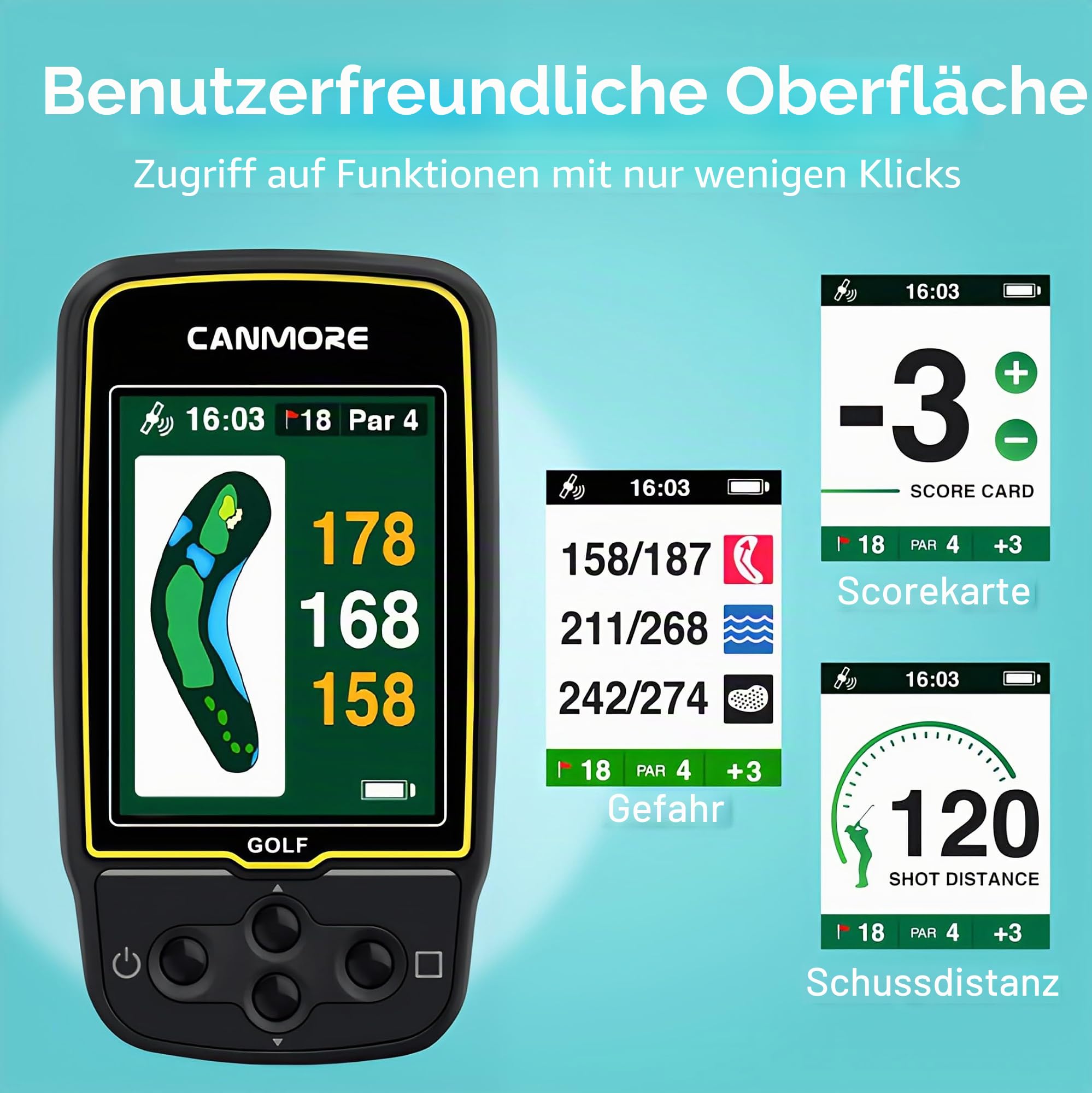 CANMORE HG500 Golf GPS – Extra großes, gut ablesbares Farbdisplay, vorinstallierte 41.000 Golfplätze weltweite Form des Grüns und des Fairways (schwarz)