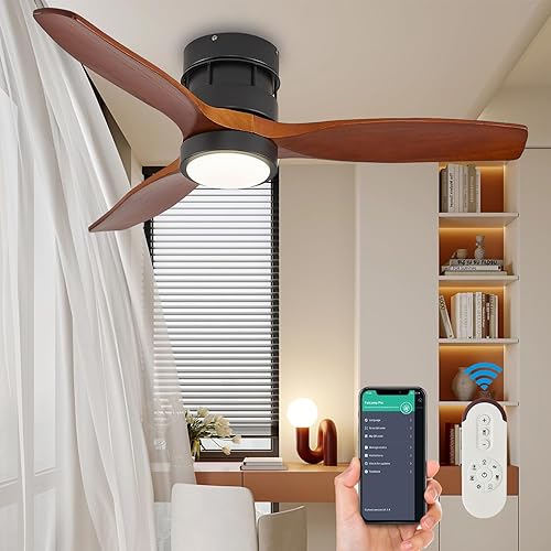 TRSIOPFC Ventilador de techo de perfil bajo de 42 pulgadas con luces, 3 aspas de ventilador de madera, sin ruido, reversible, motor de CC,