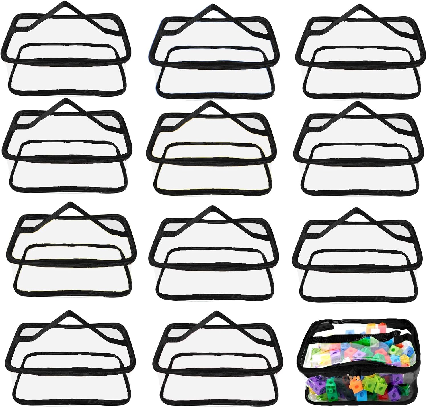 12 Packs Toy Storage Bags with Zipper PVC Waterproof Toy Bags Plastic Storage Organizer Clear Organizing Bags for Board Games Building Blocks Puzzles Small Toys Kids Books Classroom(Black)