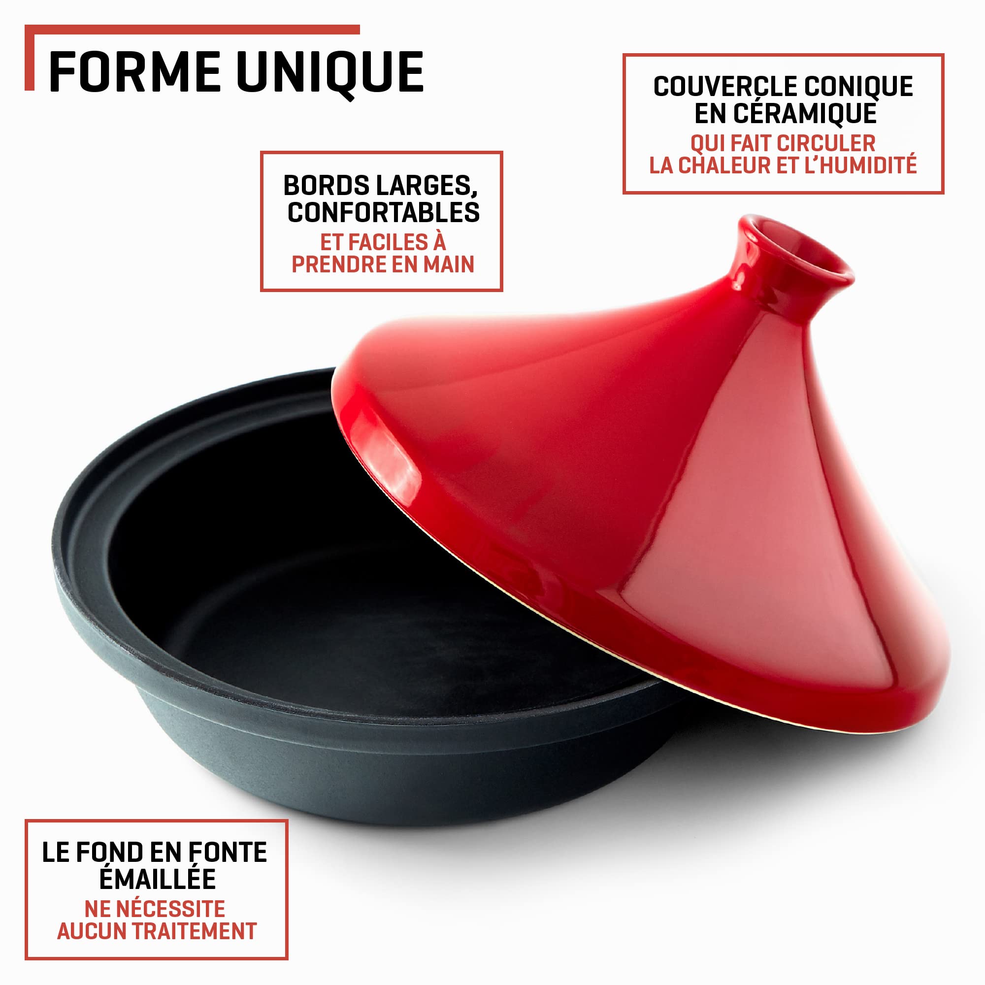 Uno Casa Plat à Tajine Marocain - Tajine Induction - Casserole en Fonte de 3,5 l avec une Base en Fonte Émaillée et un Couvercle en Forme de Cône
