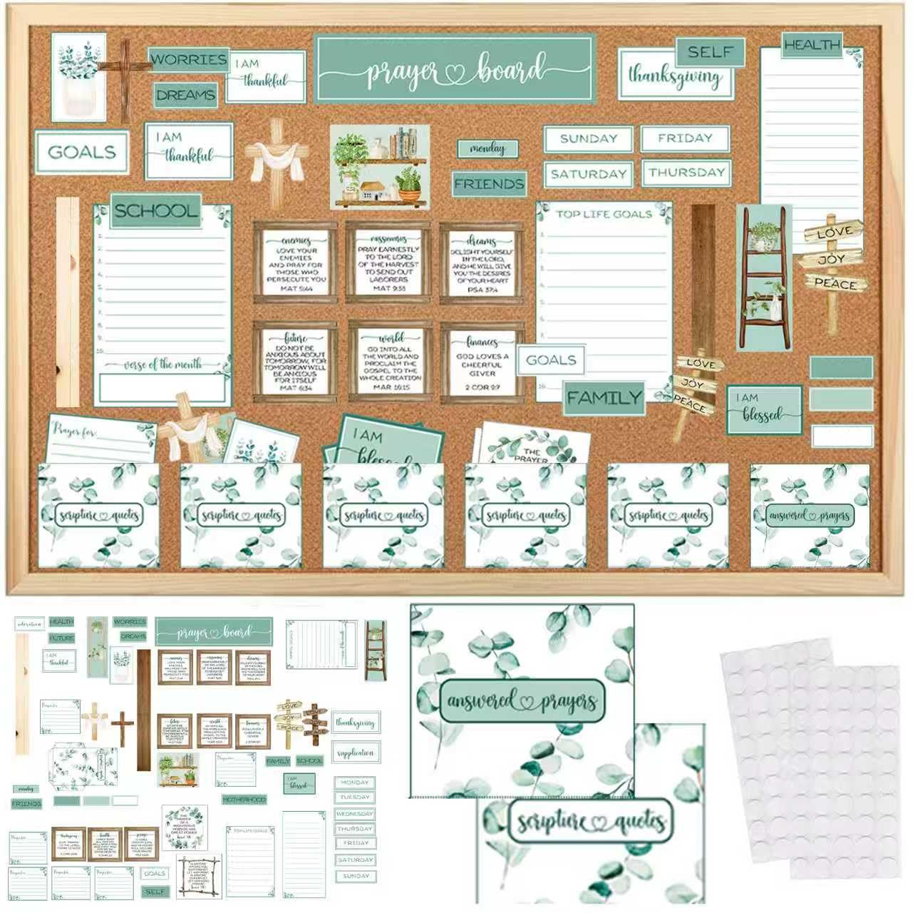 180 pcs Prayer Board Kit Christian Gift prayer board supplies for women Eucalyptus leaf Pray Gifts for Envelope Set Bible Verse Quotes Supplies DIY Wall Art for home office church school