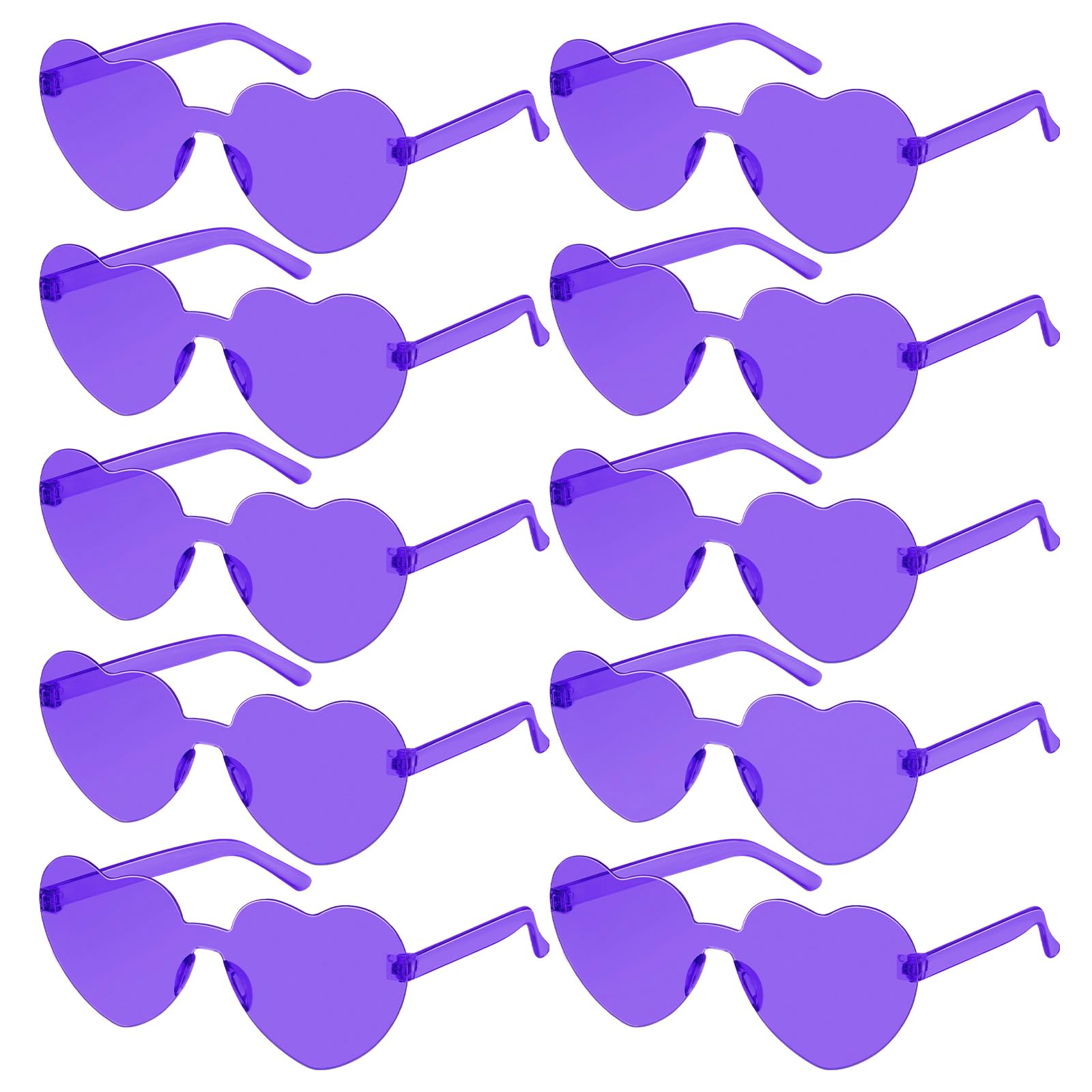 SelfTek 10 Pcs Purple Heart Glasses Rimless Heart Sunglasses Love Heart Shaped Glasses Transparent Colored Heart Glasses Multipack Fashion Funky Eyewear for Women Men Kids
