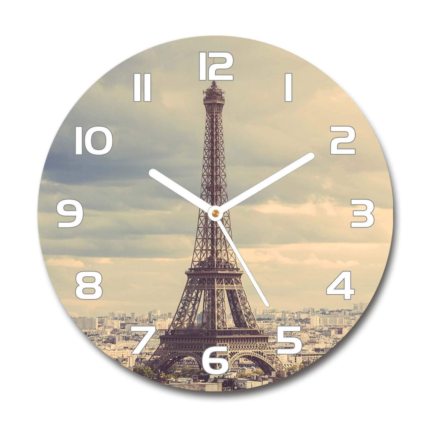 Horloge en verre rond 30cm Tulup Paris Tour Eiffel avec des aiguilles blanches