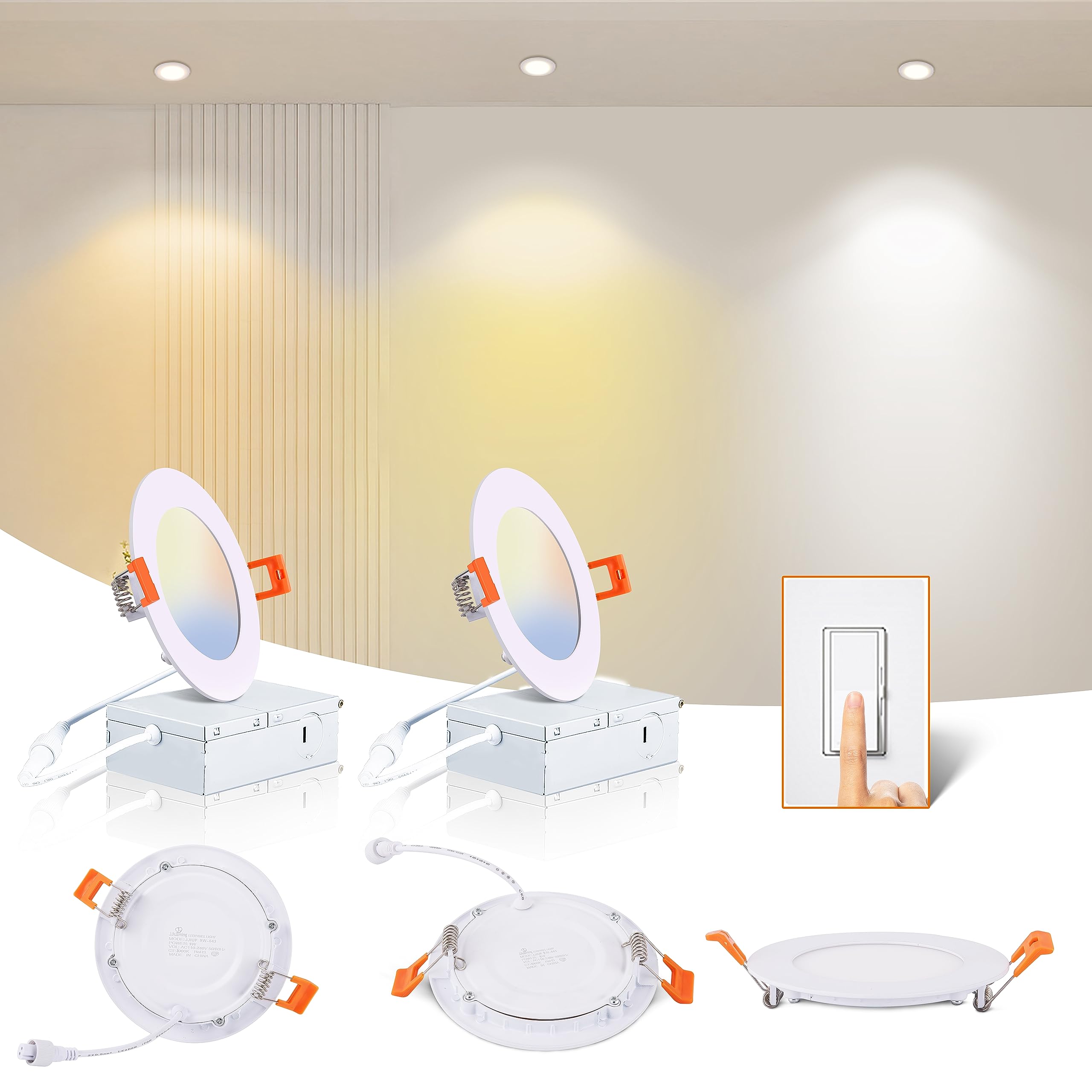 JJiuzming Recessed Lighting 4 Pack 9W Eqv 75W,4 Inch Led Recessed Lights Fixtures Ultra-Thin Canless Ceiling Slim Downlight Can Lights 3CCT Dimmable 3000K-6000K Selectable 850LM with J-Box