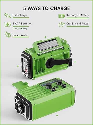 Miniatura 4 de Raynic - Radio meteorológica de emergencia solar con manivela de 5000 mAh18 500 mWh, AMFMSWNOAA, a batería, con linterna, cargador de celular