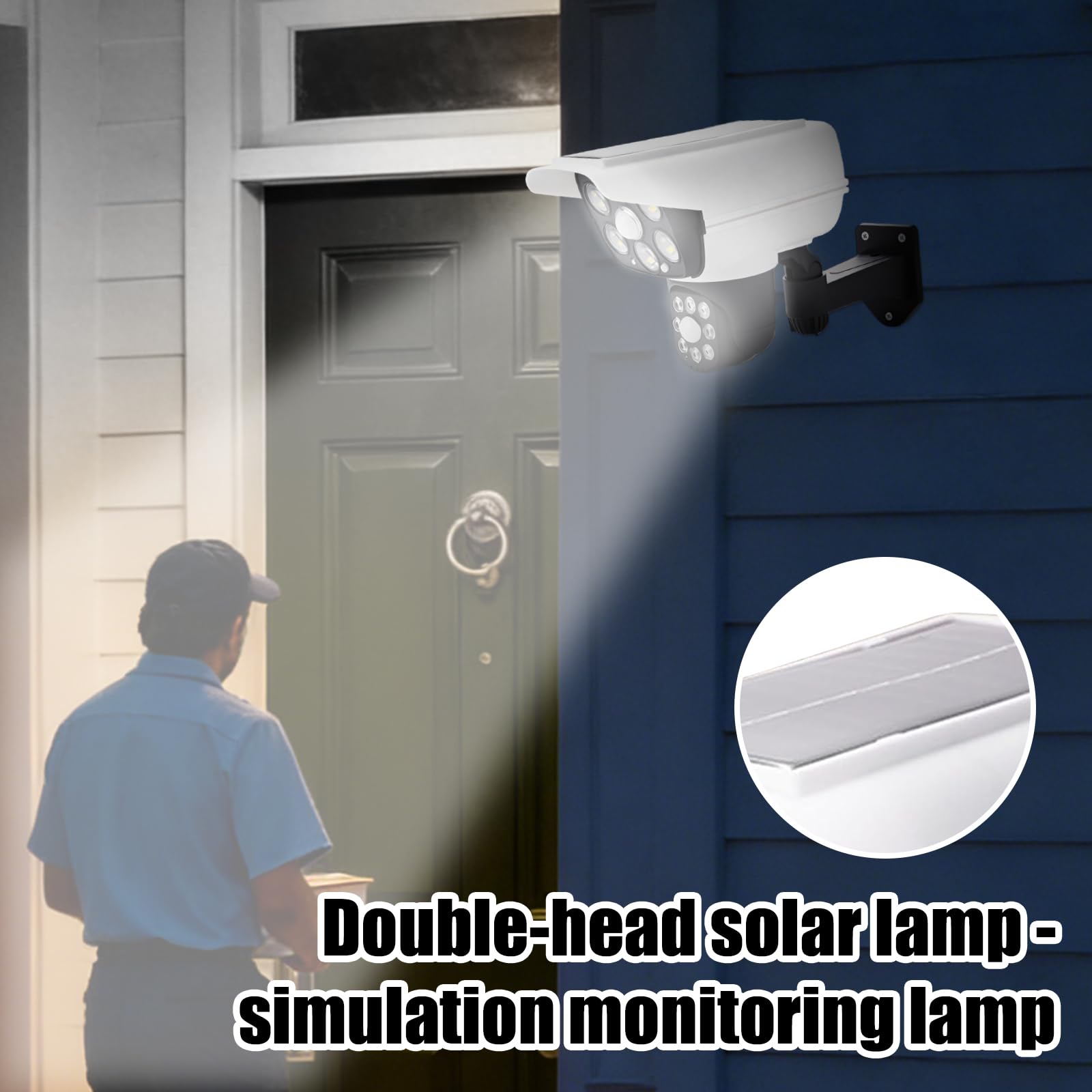 PORFOYO Lot de 2 caméras factices extérieures avec lumière, fausse caméra de surveillance solaire, rotative à 360°, avec télécommande, fausse caméra de sécurité CCTV pour extérieur