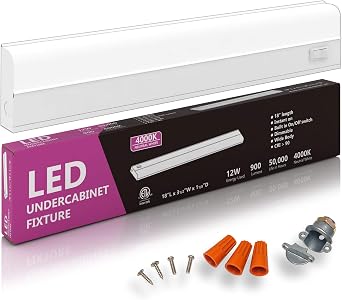 Hardwired LED Under Cabinet Task Lighting - 12 Watt, 18", Dimmable, CRI>90, 4000K Cool White, Wide Body, Long Lasting Metal Base with Frost Lens