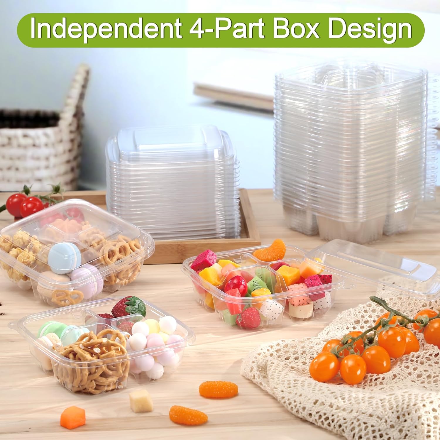 100 Pack 4-compartment Bento Snack Boxes with Lids Divided Lunch Containers for Travel School Camping Outdoor Home (Clear)