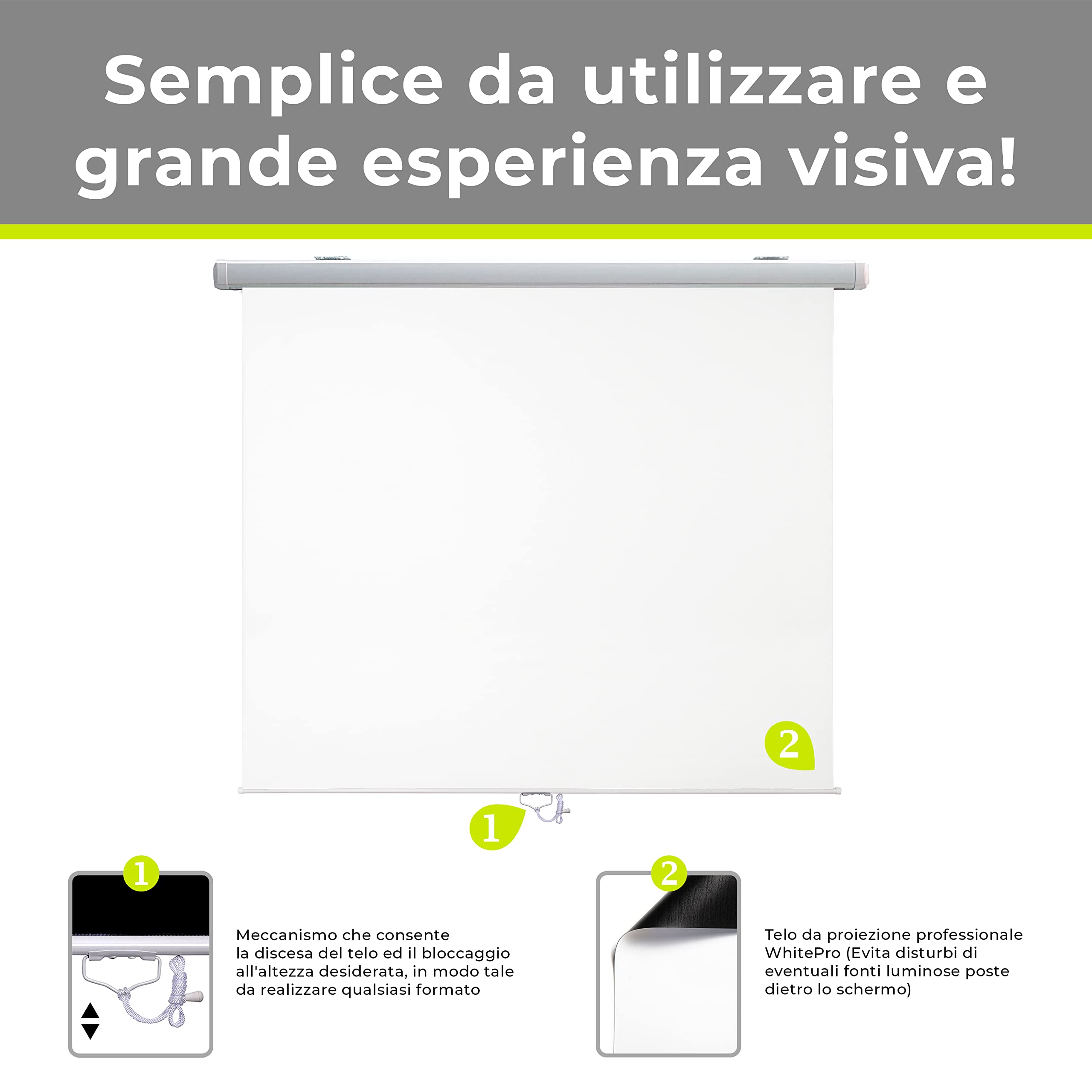 GAINUP Schermo Proiettore Manuale | 200x200cm (111 Pollici) 200cm | Formato 4:3 16:9 16:10 - Telo Bianco con Retro Nero - Telo Proiezione a Molla 2 Metri - Videoproiezione 2mt 3D Full HD 4K UltraHD 8K