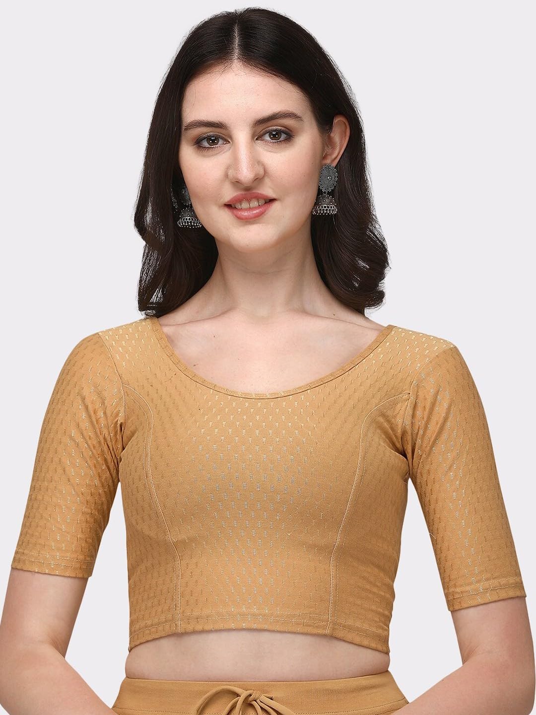 arya enterprise Plain Solid Round Neck Dobby Cotton Lycra Stretchable Elbow Half Sleeve Readymade Saree Blouse for Women Stylish Gold Size 28"-picture-19