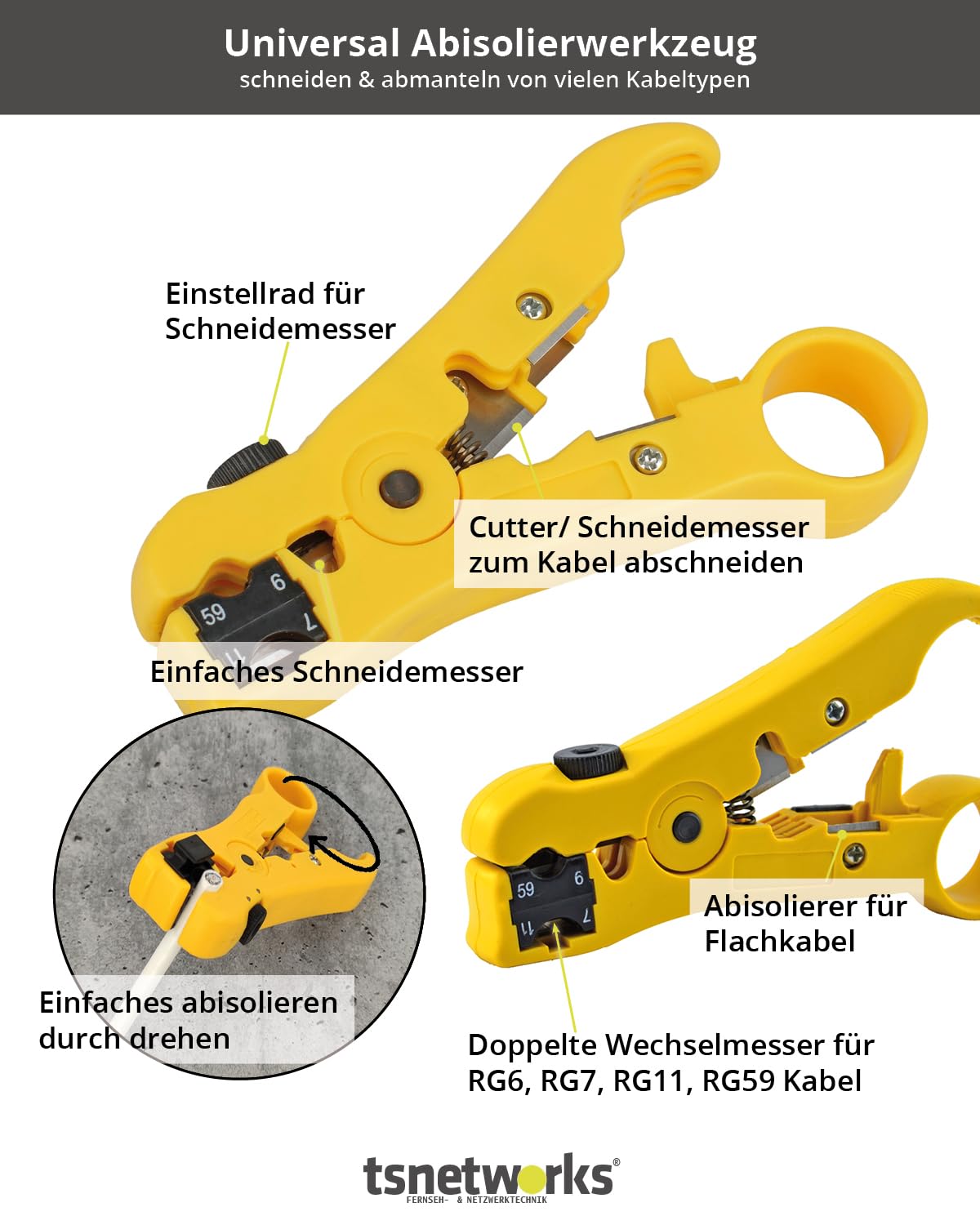 Elektriker Werkzeug Set mit F Stecker, Kompressionszange, Maulschlüssel flach 11-13, Kabelschneider & Abisolierwerkzeug in hochwertiger Tasche mit Platz für weiteres Elektriker Werkzeug